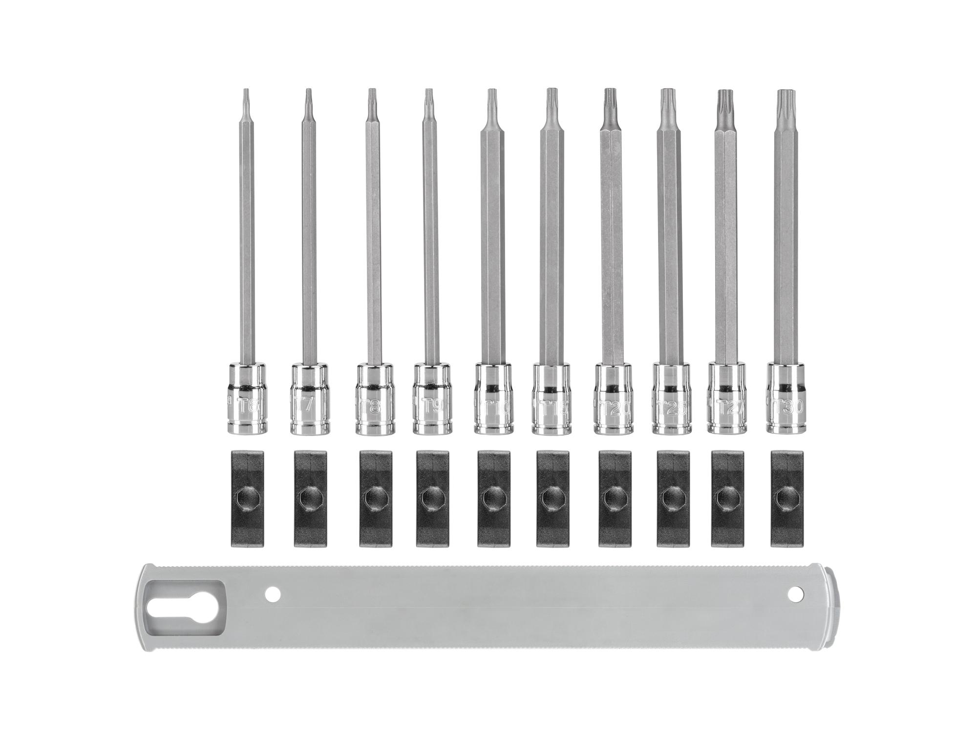 Laid out contents of Tekton rail hand drive bit socket set. Item #SHB90109