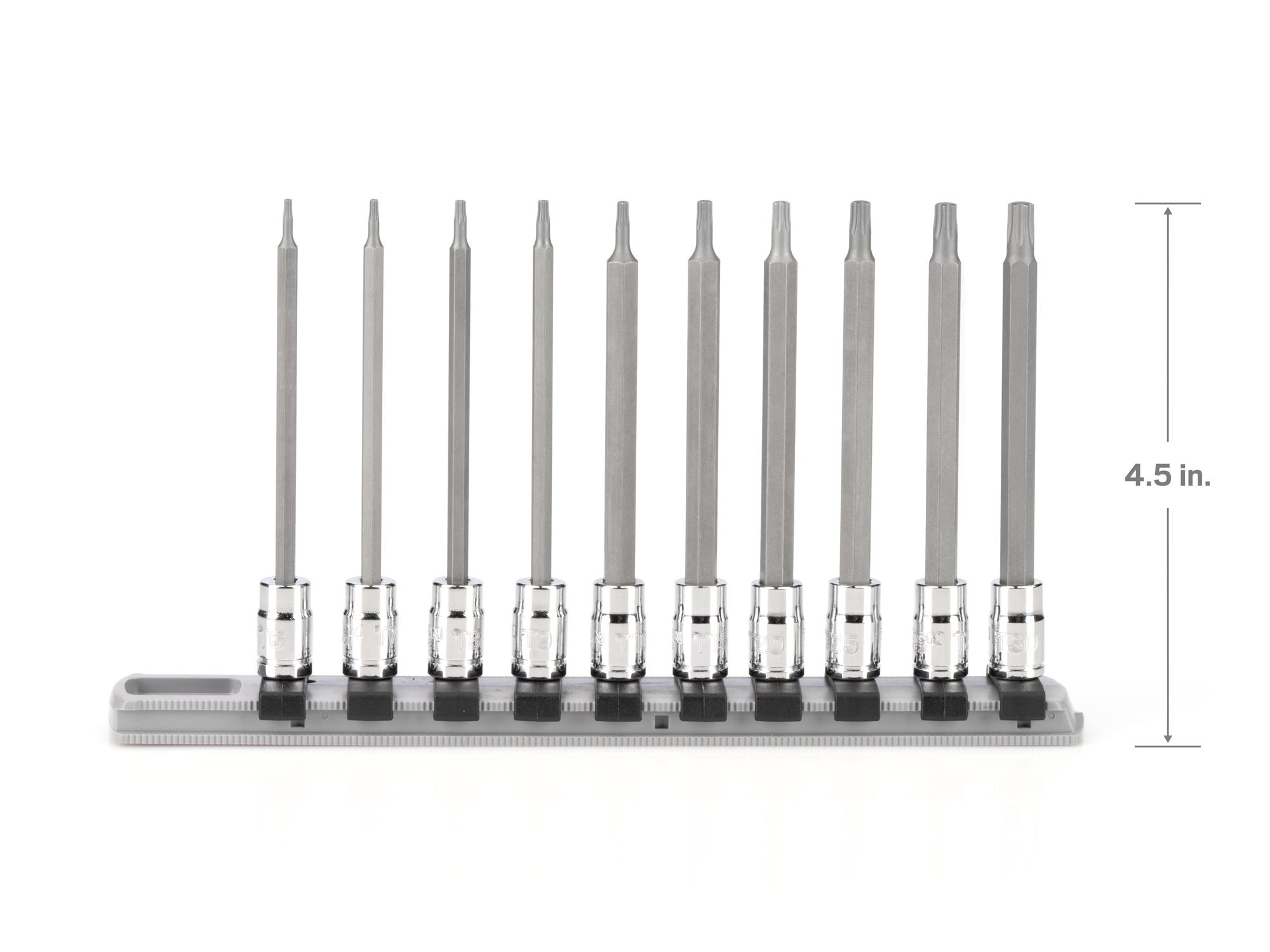 Dimensions for Tekton rail hand drive bit socket set. Item #SHB90109