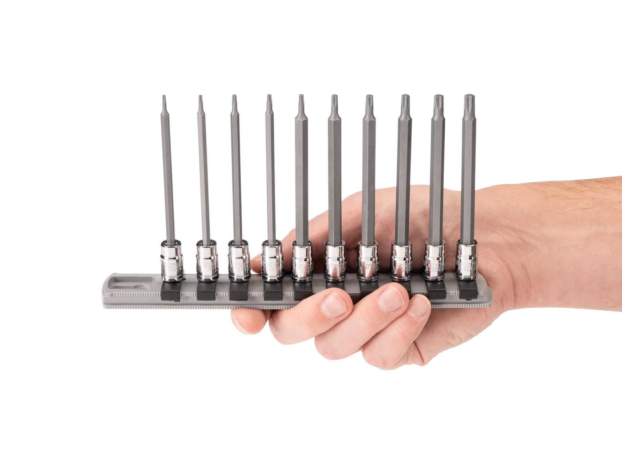 Person holding Tekton rail hand drive bit socket set. Item #SHB90109