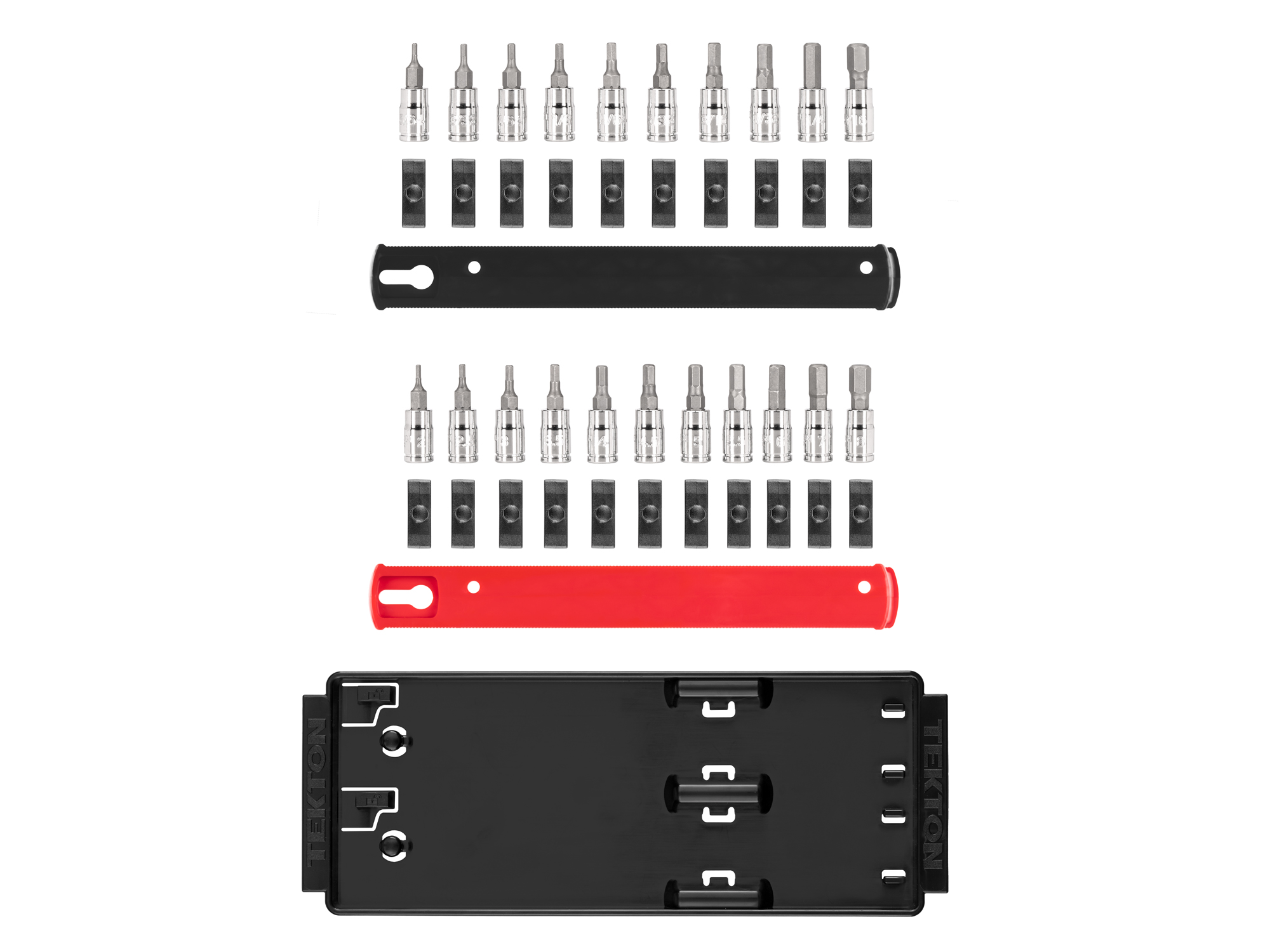 21-piece set includes 5/64, 3/32, 7/64, 1/8, 9/64, 5/32, 3/16, 7/32, 1/4, and 5/16 inch (SAE), 2, 2.5, 3, 3.5, 4, 4.5, 5, 5.5, 6, 7, 8, and 9 mm (metric) hex bit sockets with rail organization. SHB90203.