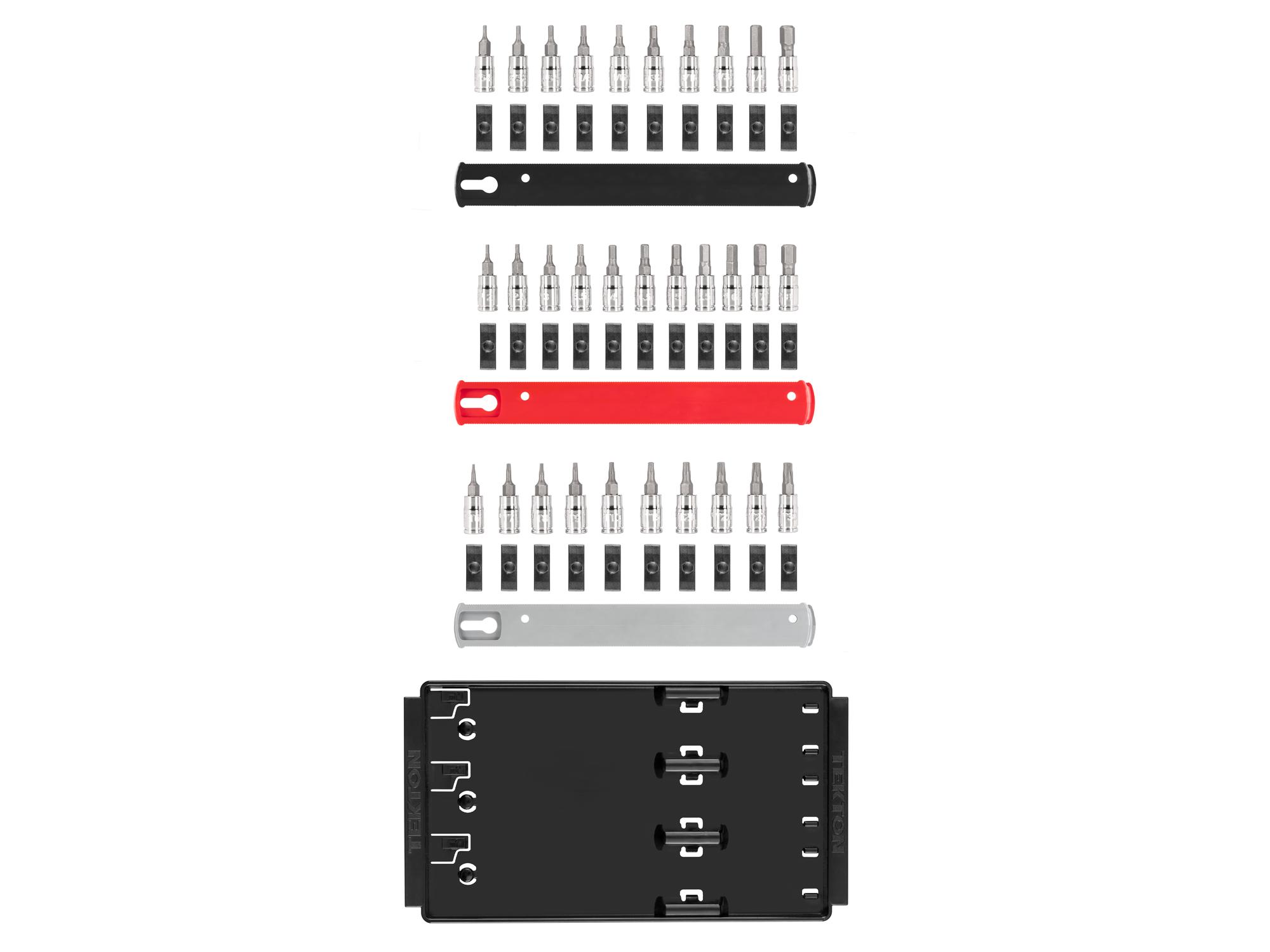 Laid out contents of Tekton rail and tray hand drive bit socket set. Item #SHB90204