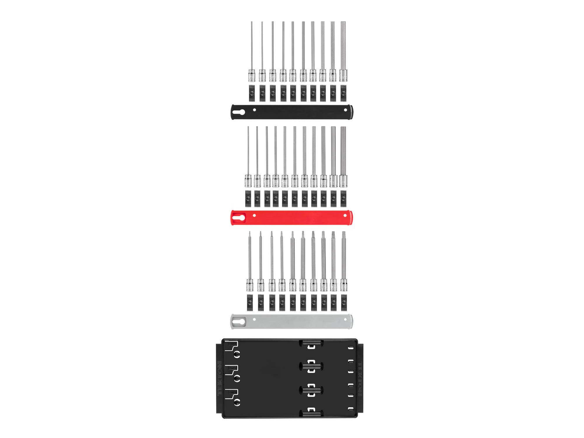 Laid out contents of Tekton rail and tray hand drive bit socket set. Item #SHB90205