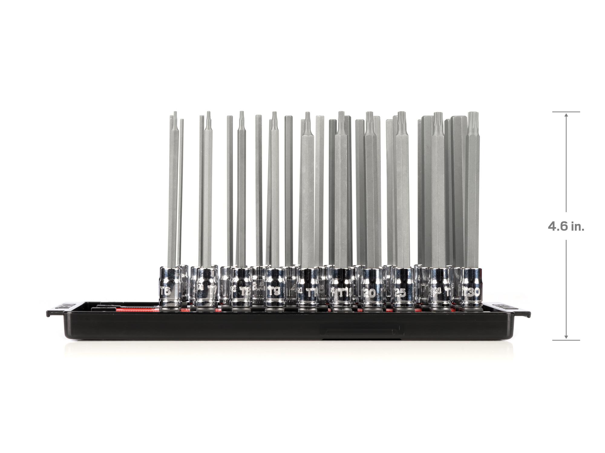Dimensions for Tekton rail and tray hand drive bit socket set. Item #SHB90205