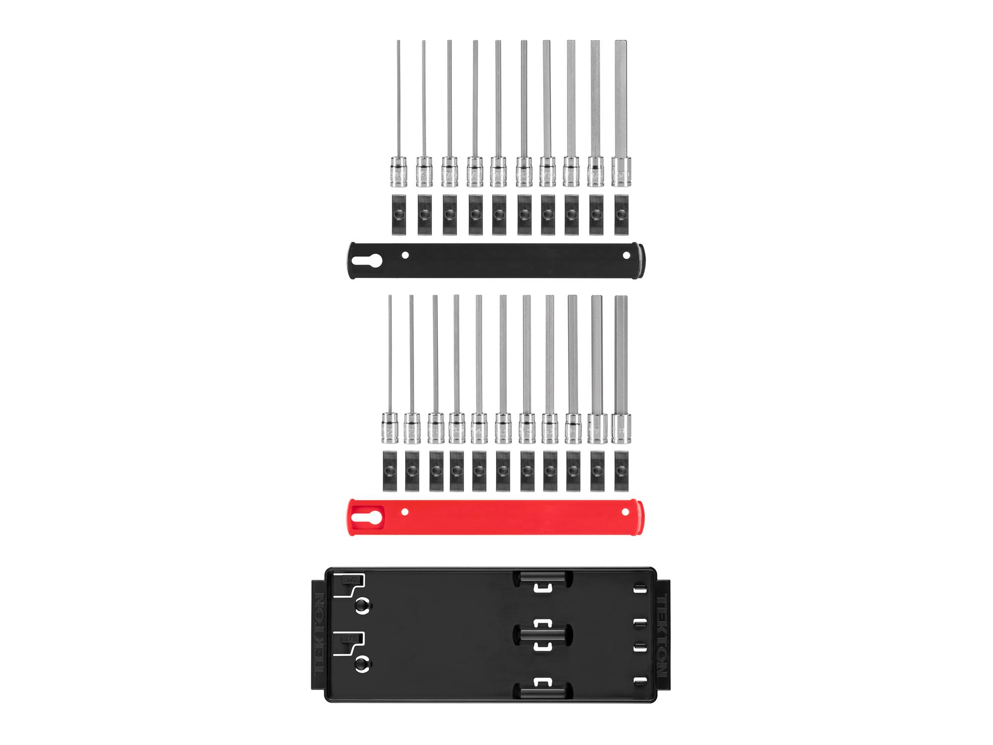 Laid out contents of Tekton rail and tray hand drive bit socket set. Item #SHB90206