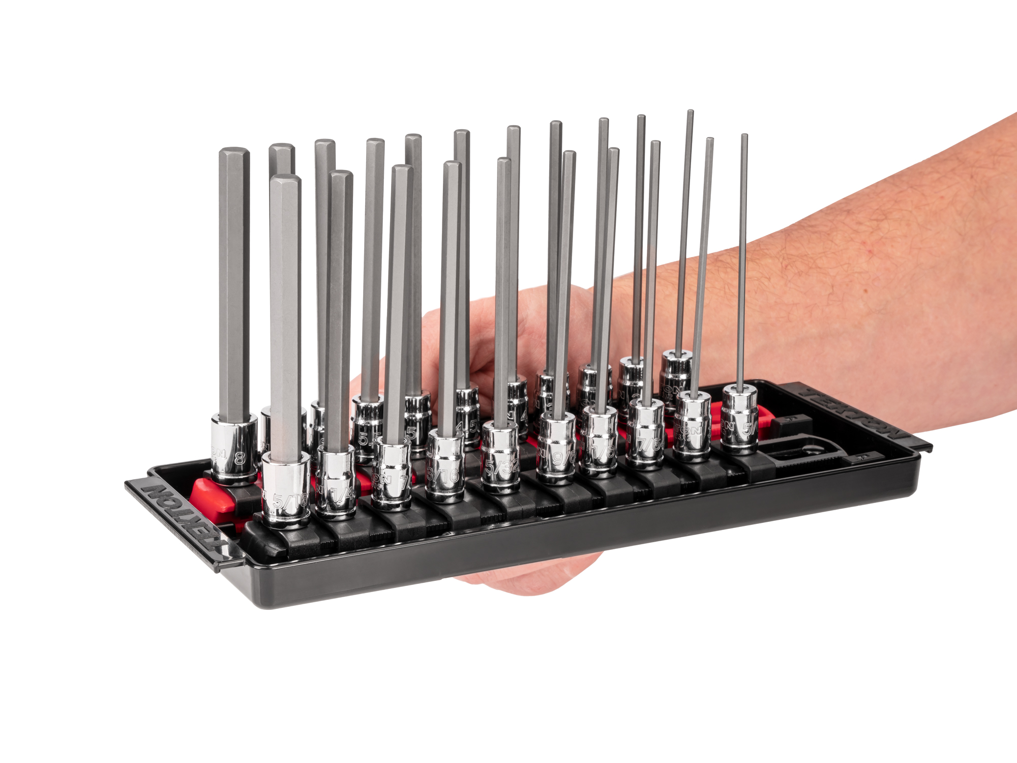 TEKTON 1/4 Inch Drive Long Hex Bit Socket Set with Rails and Tray, 21-Piece (5/64-5/16 in., 2-8 mm)