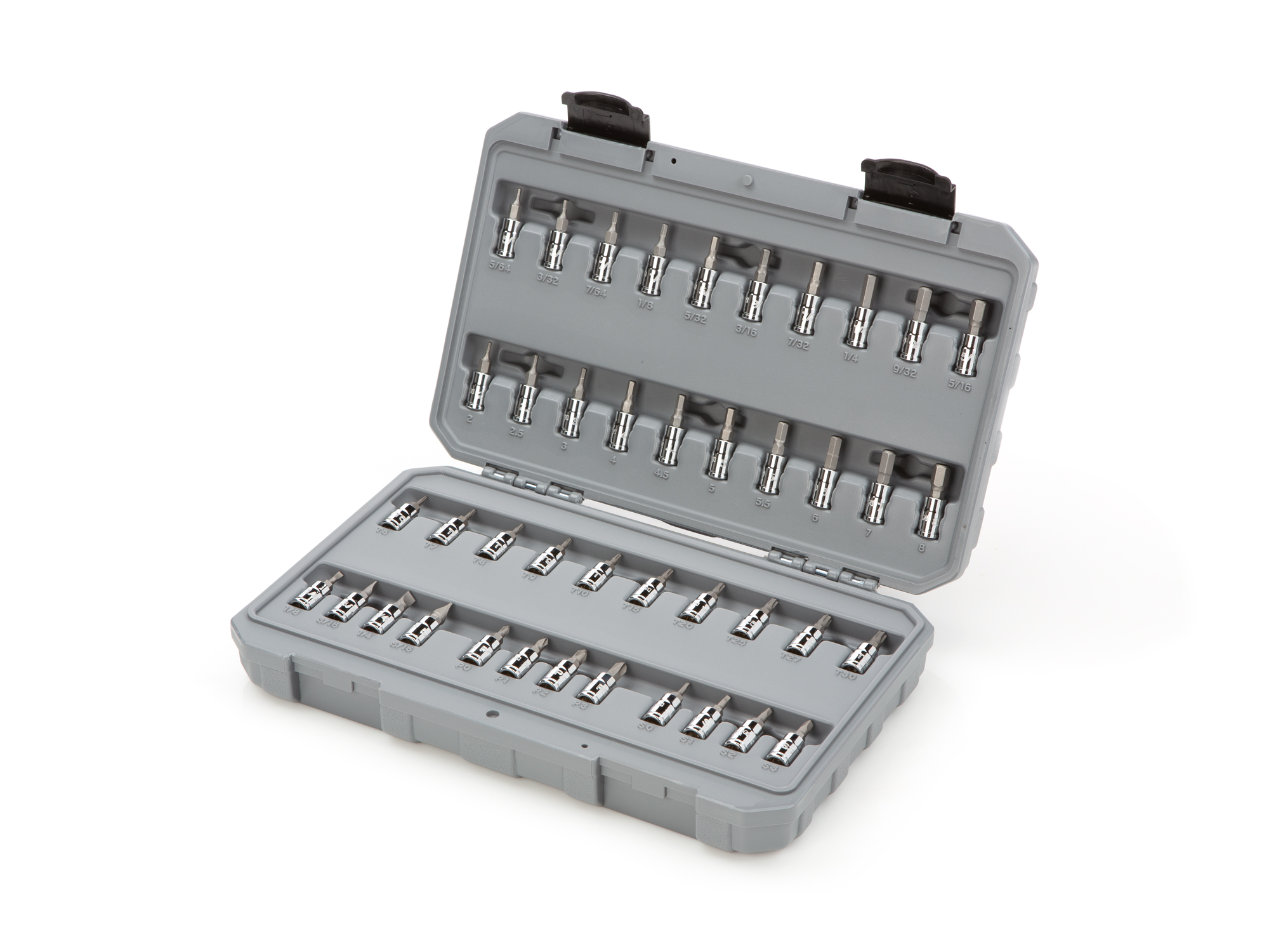 Includes: Hex 5/64 - 5/16 inch (SAE), 2-8 mm (Metric), Torx (T6-T30), Phillips (#0-#3), Slotted (1/8-5/16 in.), and Square (S0-S3) bit sockets. SHB90301.