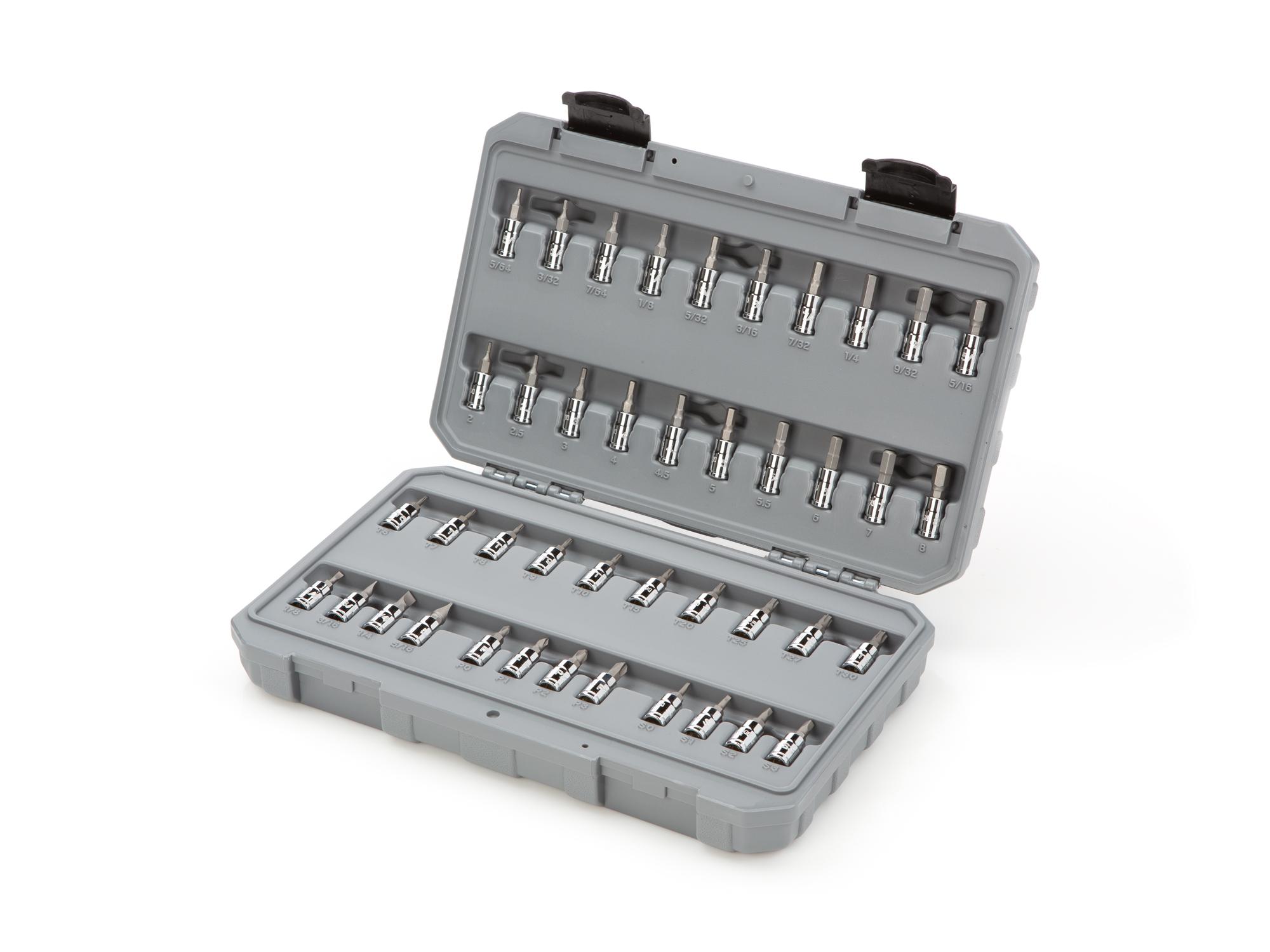 Front-right angle view of Tekton case hand drive bit socket set. Item #SHB90301