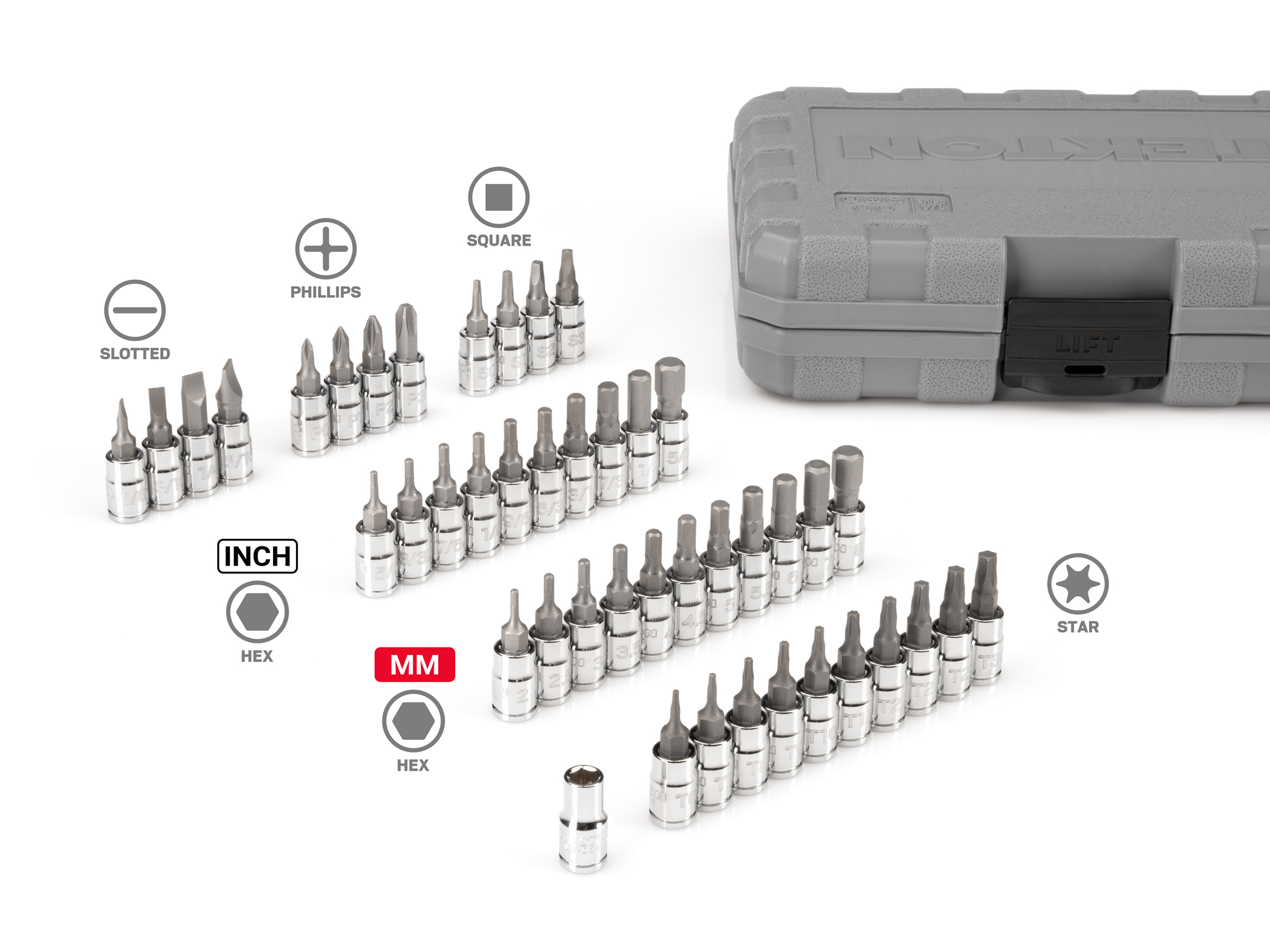 Includes: Hex 5/64 - 5/16 inch (SAE), 2-8 mm (Metric), Torx (T6-T30), Phillips (#0-#3), Slotted (1/8-5/16 in.), and Square (S0-S3) bit sockets. SHB90302.