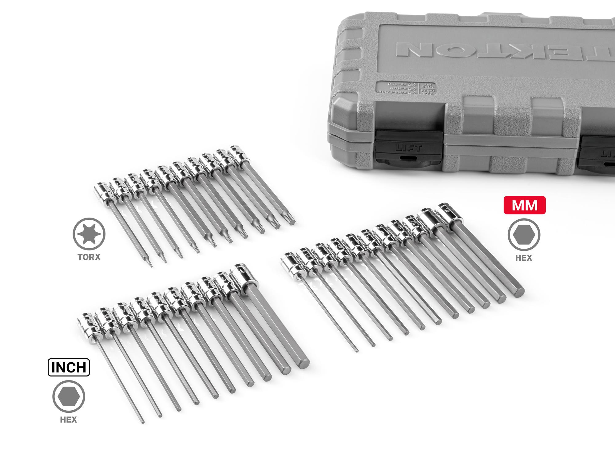Laid out contents of Tekton case hand drive bit socket set. Item #SHB90303