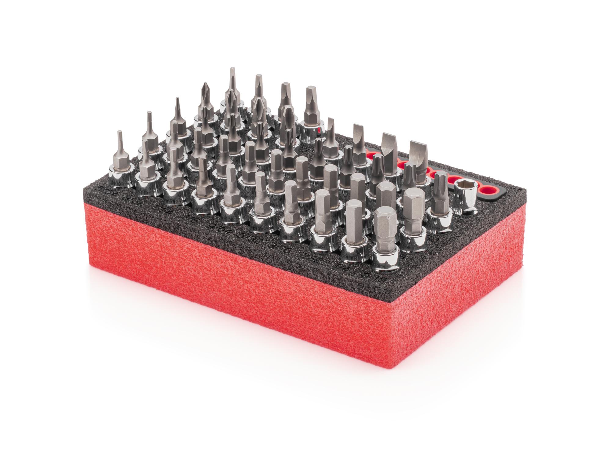 Front-right angle view of Tekton foam hand drive bit socket set. Item #SHB90800
