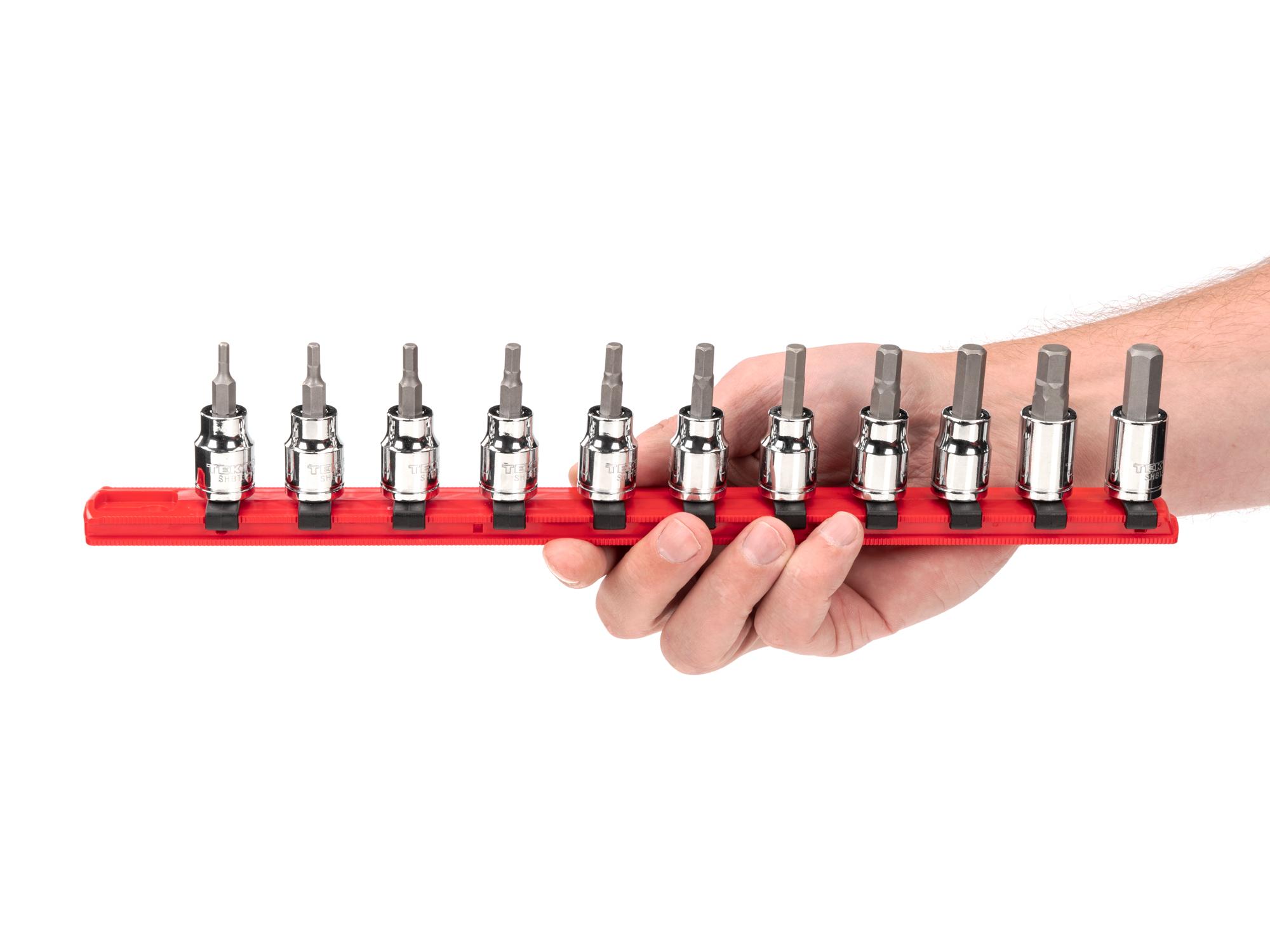 Person holding Tekton rail hand drive bit socket set. Item #SHB91107
