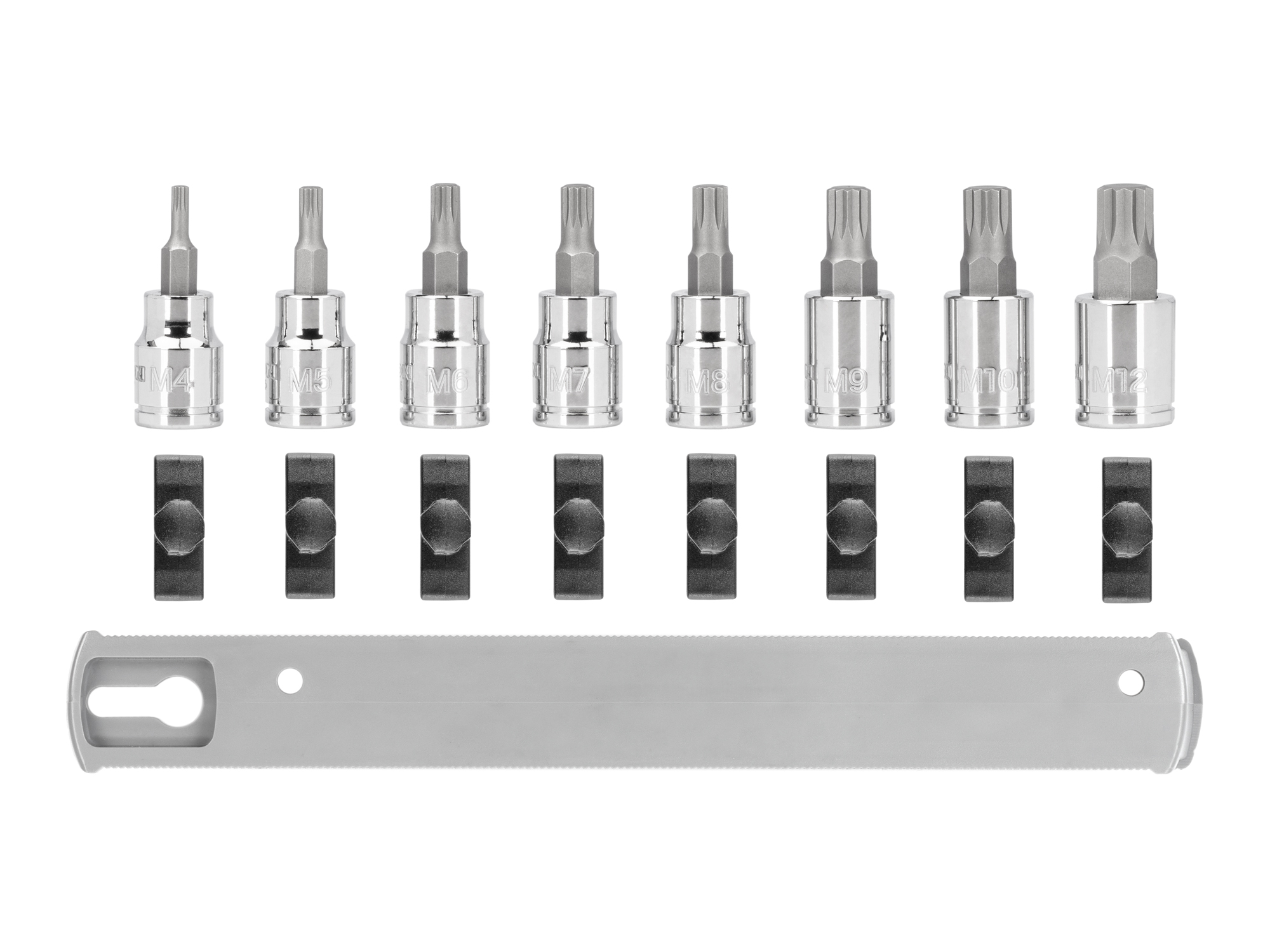 Includes: triple square M4-M12 hand drive bit sockets. The S2 steel bit is press fitted into the socket. Comes with rail storage. SHB91108.