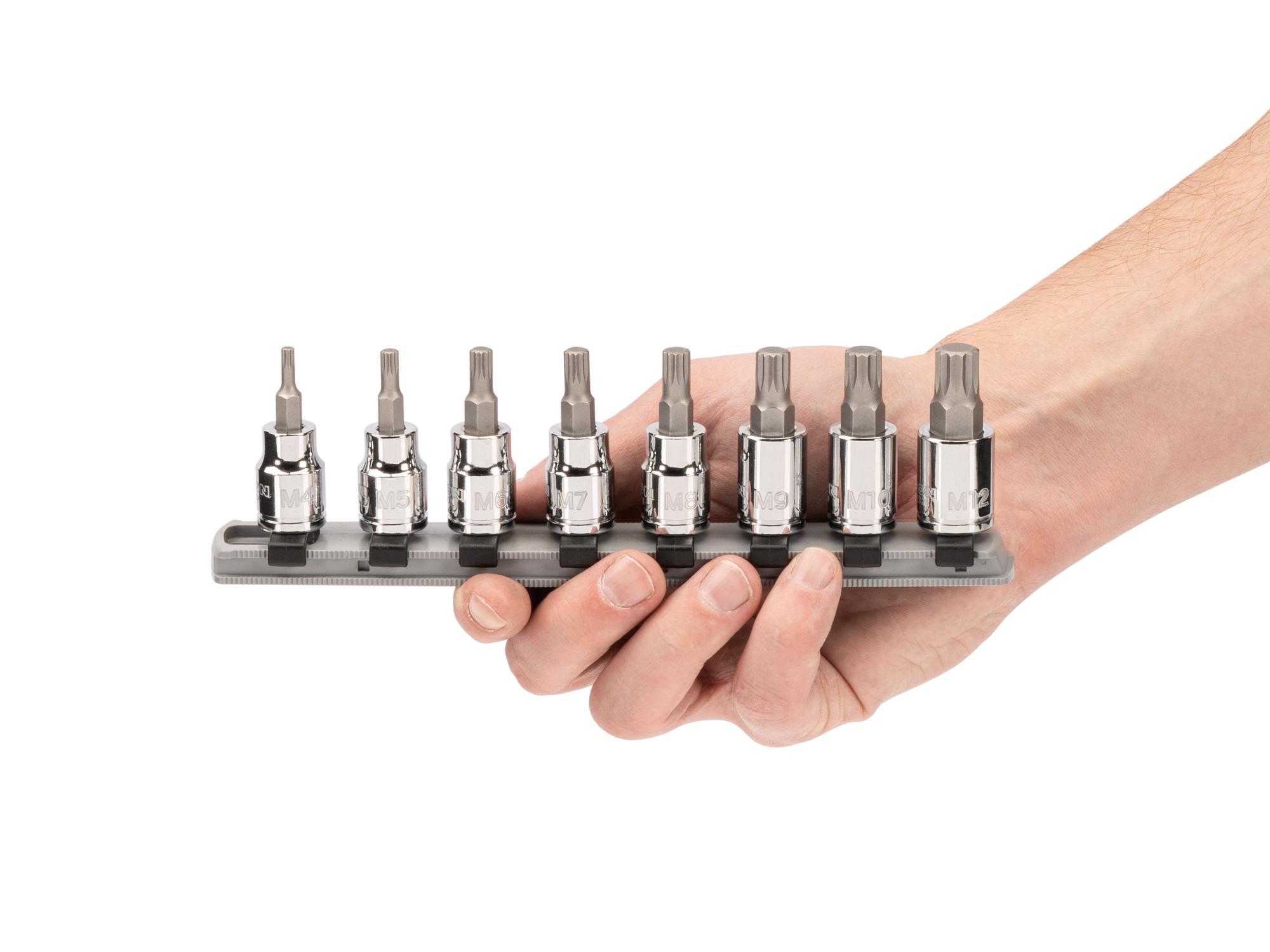 Person holding Tekton rail hand drive bit socket set. Item #SHB91108