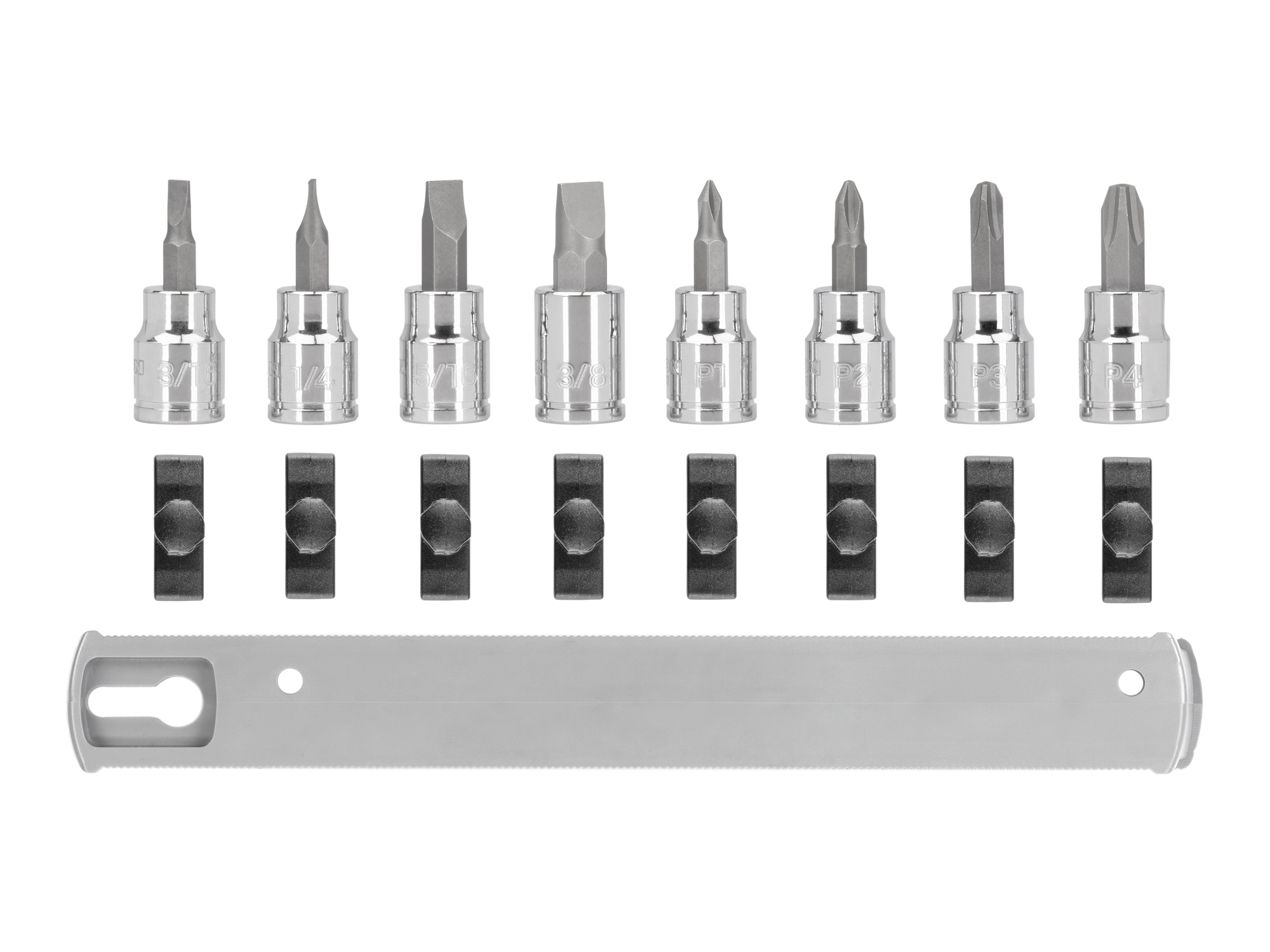 Includes: Phillips (#0-#3), Slotted (1/8-5/16 in.) hand drive bit sockets. Strong 2-piece bit socket combines S2 steel bit and chrome socket. Comes with rail storage. SHB91109.