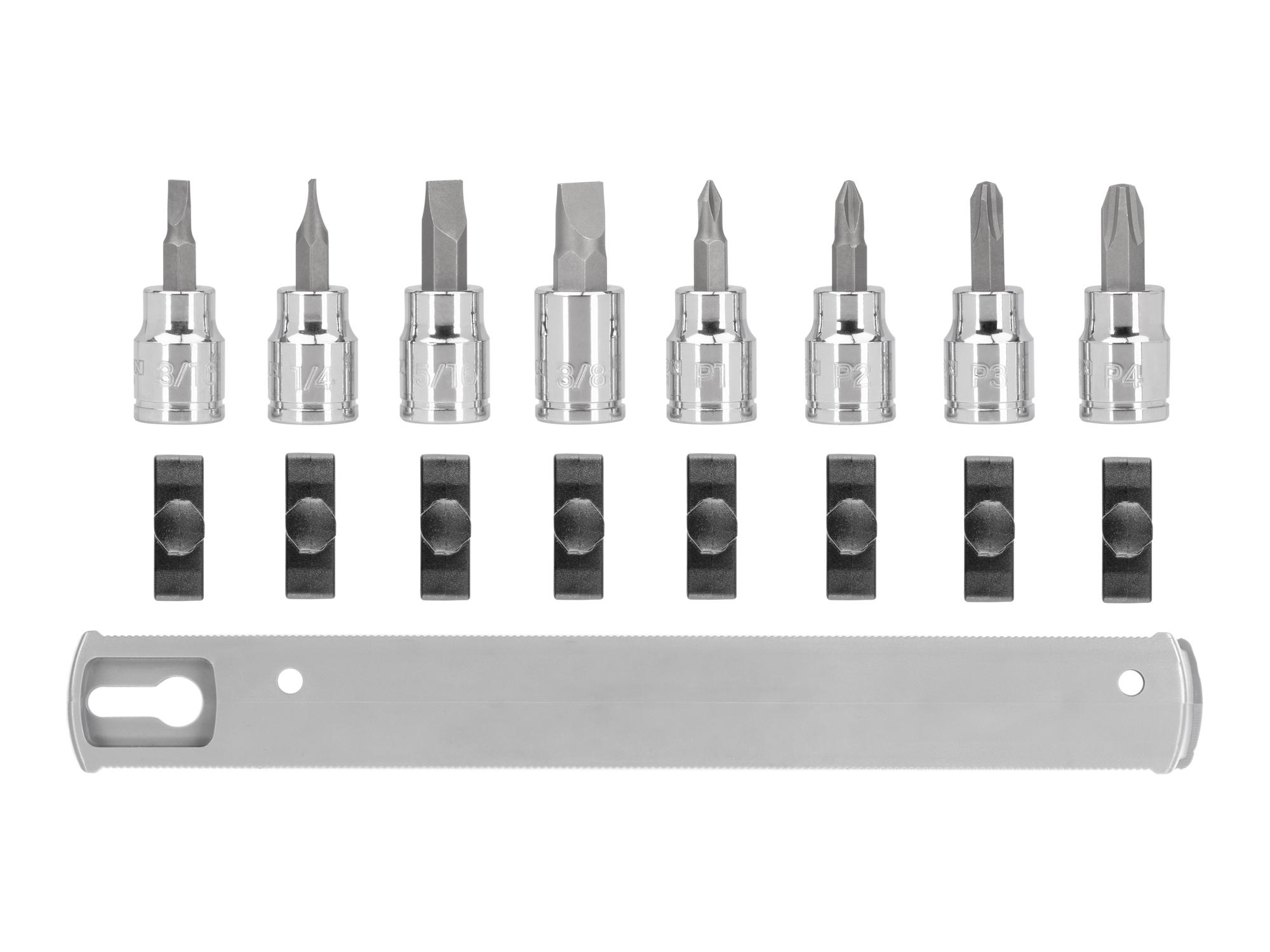 Laid out contents of Tekton rail hand drive bit socket set. Item #SHB91109