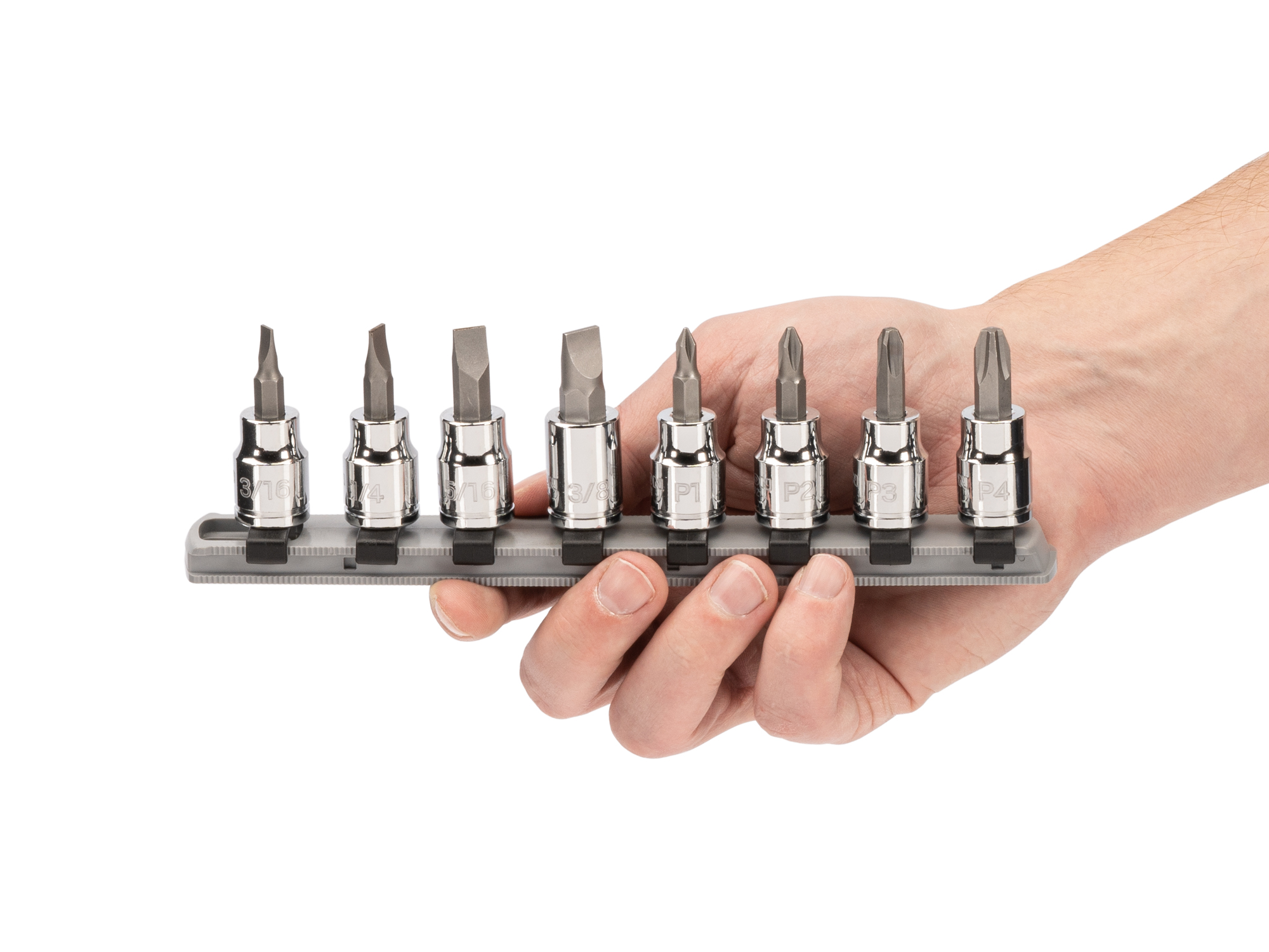 Includes: Phillips (#0-#3), Slotted (1/8-5/16 in.) hand drive bit sockets. Strong 2-piece bit socket combines S2 steel bit and chrome socket. Comes with rail storage. SHB91109.