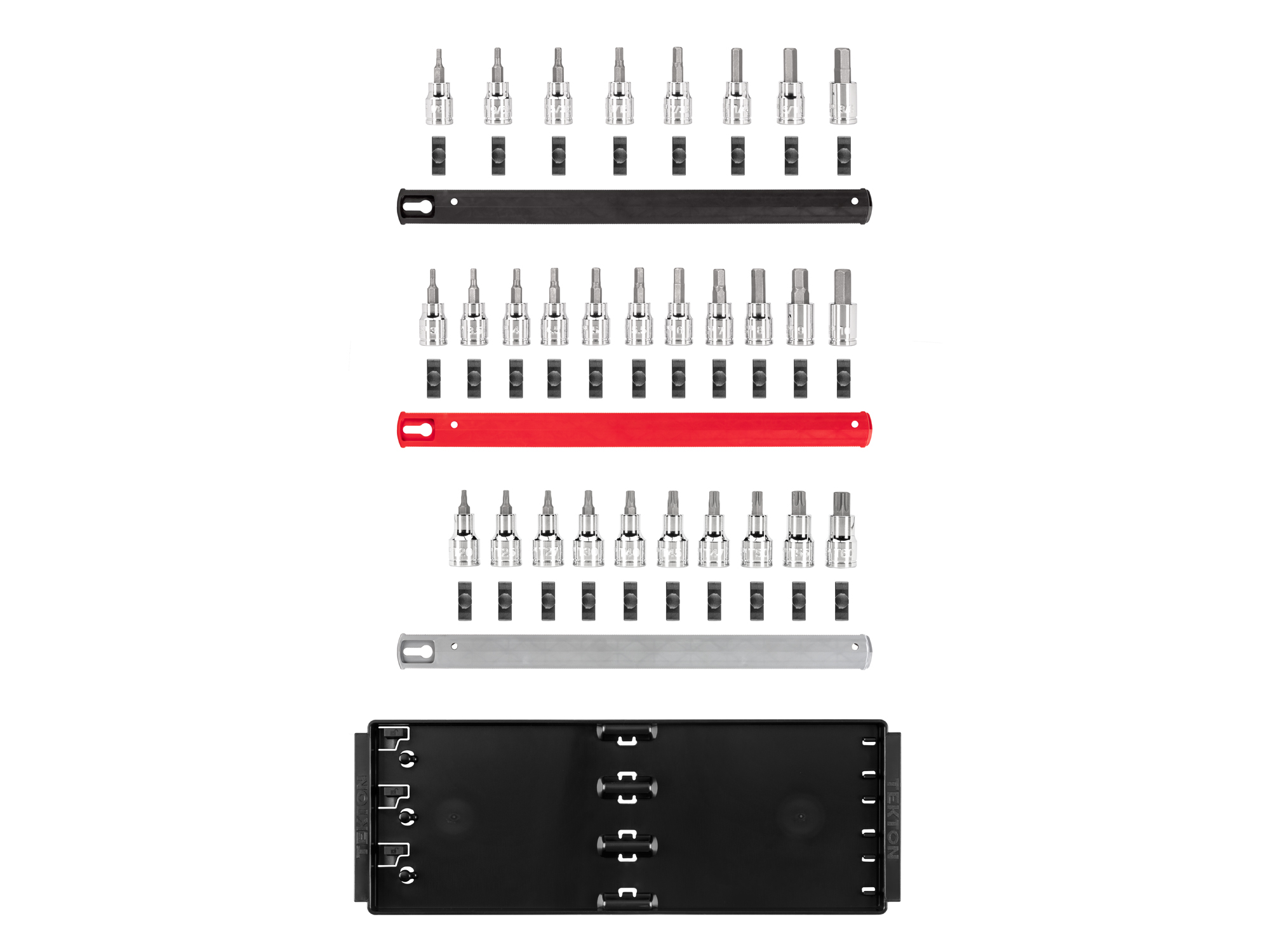 31-piece set includes 1/8–3/8 inch (SAE) hex, 3–10 mm (metric) hex, and T10–T60 Torx (star) bit sockets with rail organization. SHB91203.