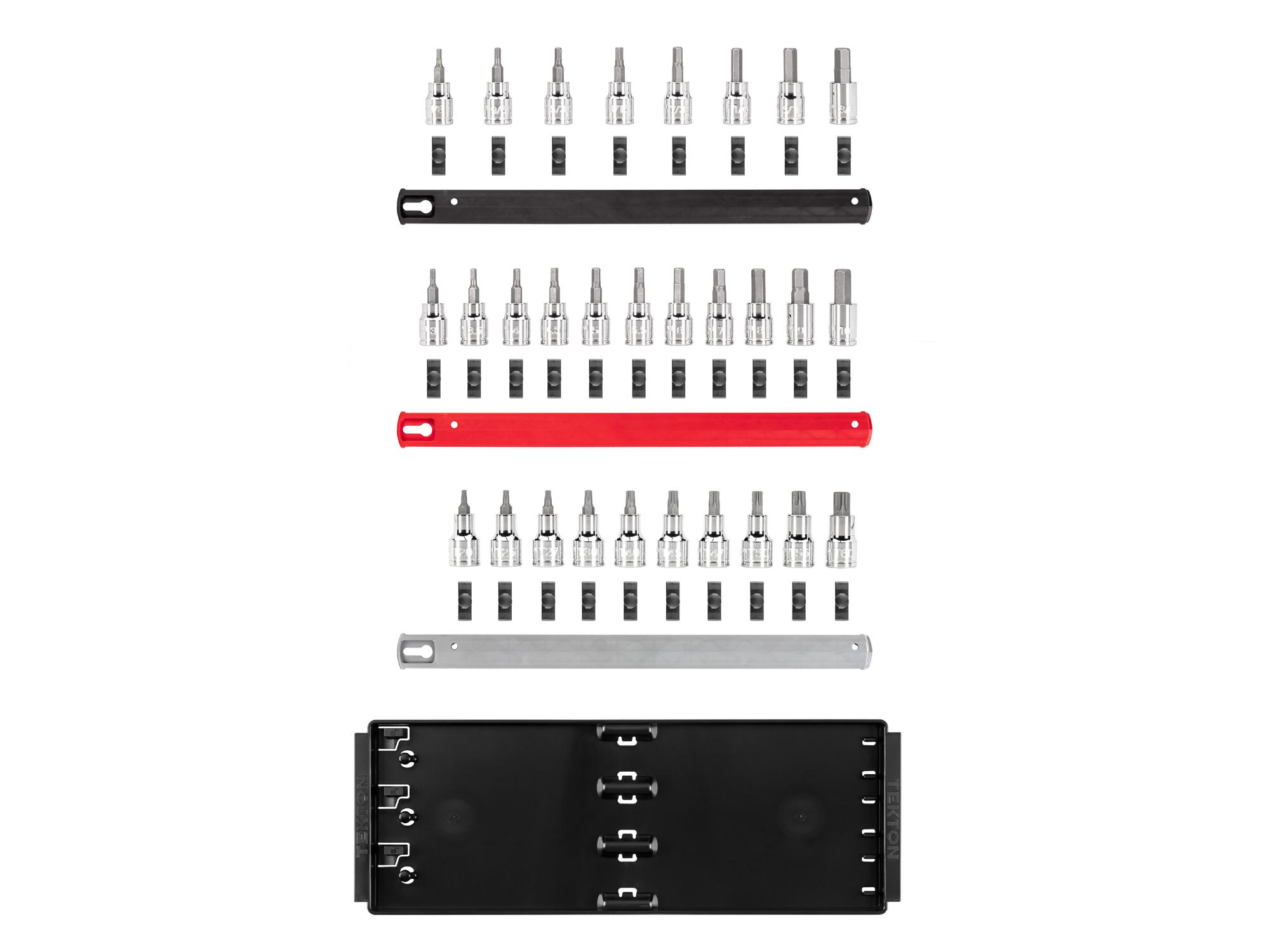 Laid out contents of Tekton rail and tray hand drive bit socket set. Item #SHB91203