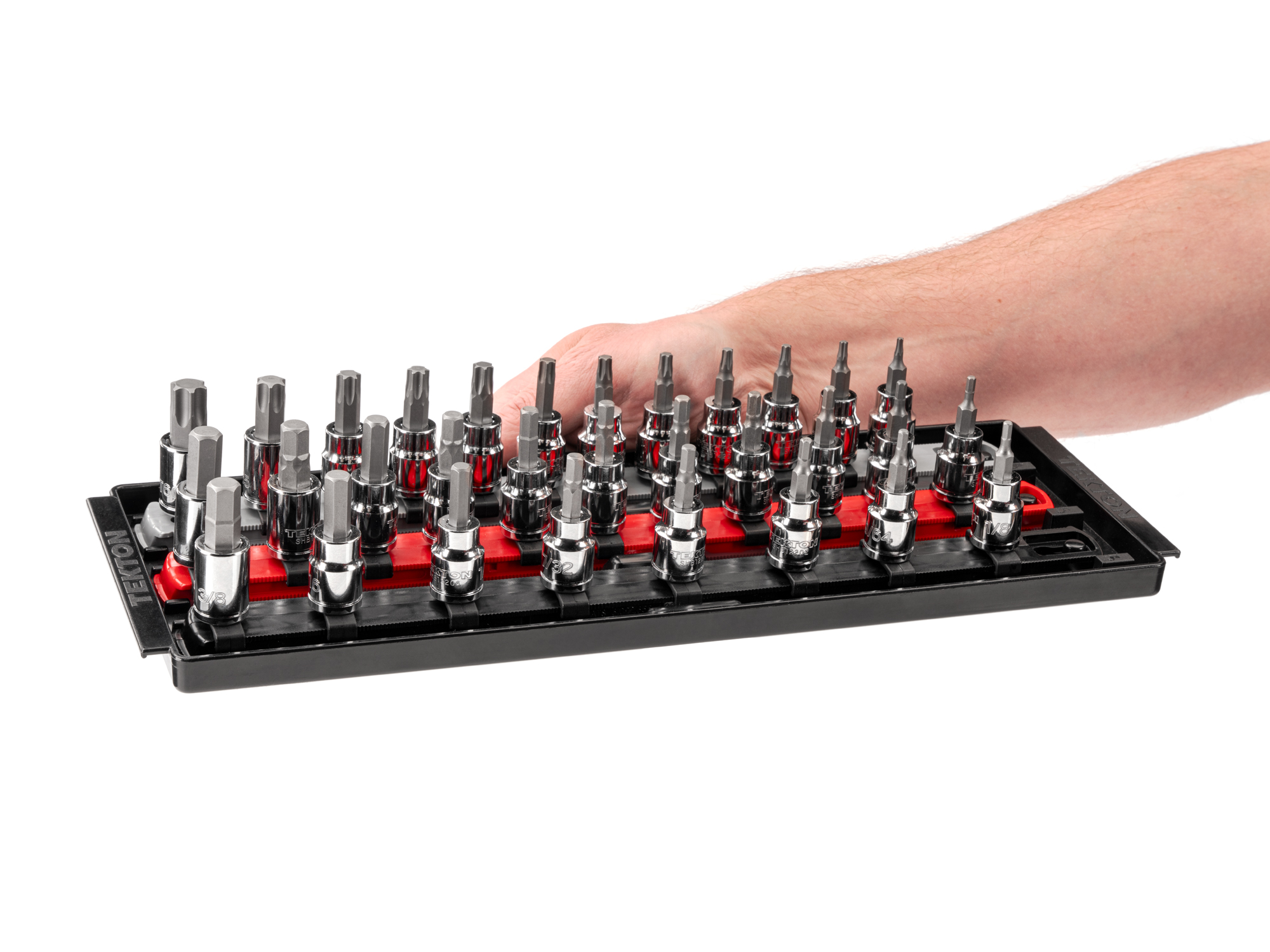 31-piece set includes 1/8–3/8 inch (SAE) hex, 3–10 mm (metric) hex, and T10–T60 Torx (star) bit sockets with rail organization. SHB91203.