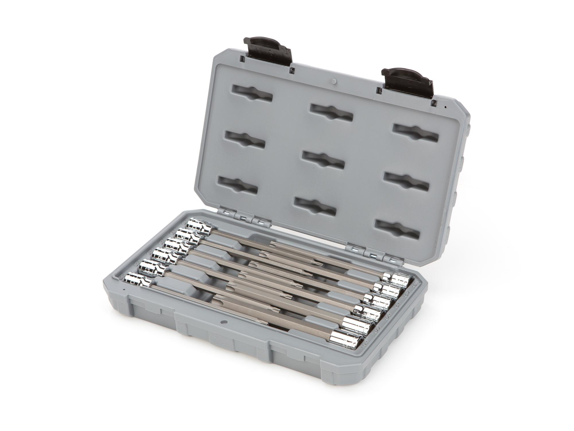 Front-right angle view of Tekton case hand drive bit socket set. Item #SHB91305