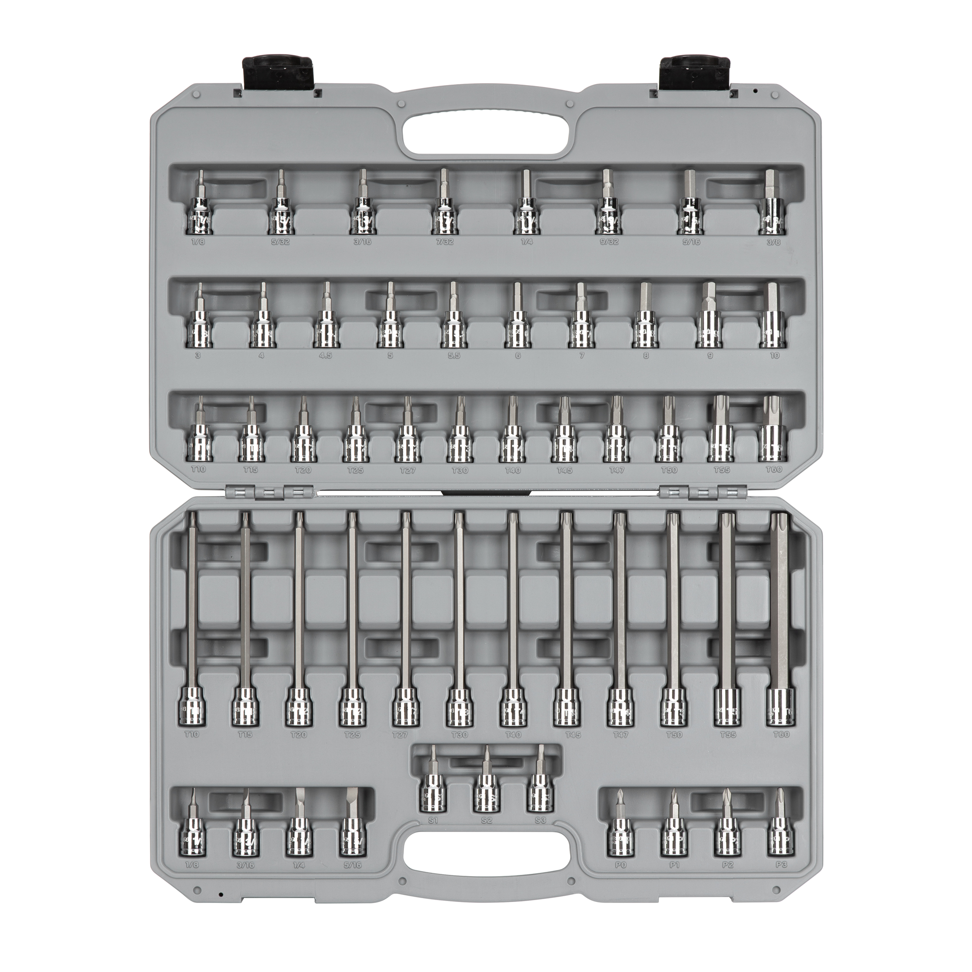 Includes: Hex 1/8-3/8 inch (SAE), 3-10 mm (Metric), Torx (T10-T60), TR Torx (TR10-TR60), Phillips (#0-#3), Slotted (1/8-5/16 in.), and Square (S1-S3) sockets.