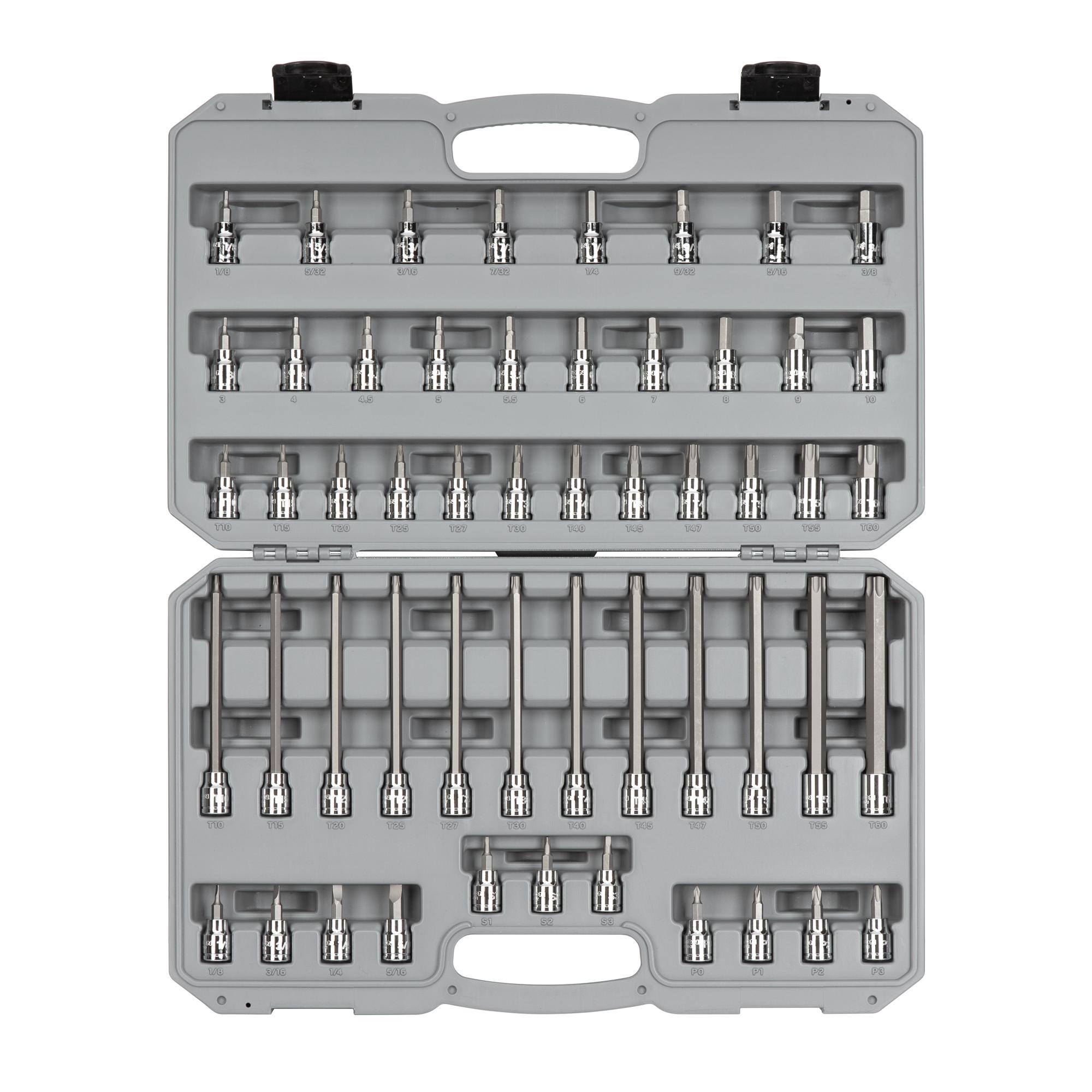 Includes: Hex 1/8-3/8 inch (SAE), 3-10 mm (Metric), Torx (T10-T60), TR Torx (TR10-TR60), Phillips (#0-#3), Slotted (1/8-5/16 in.), and Square (S1-S3) sockets.