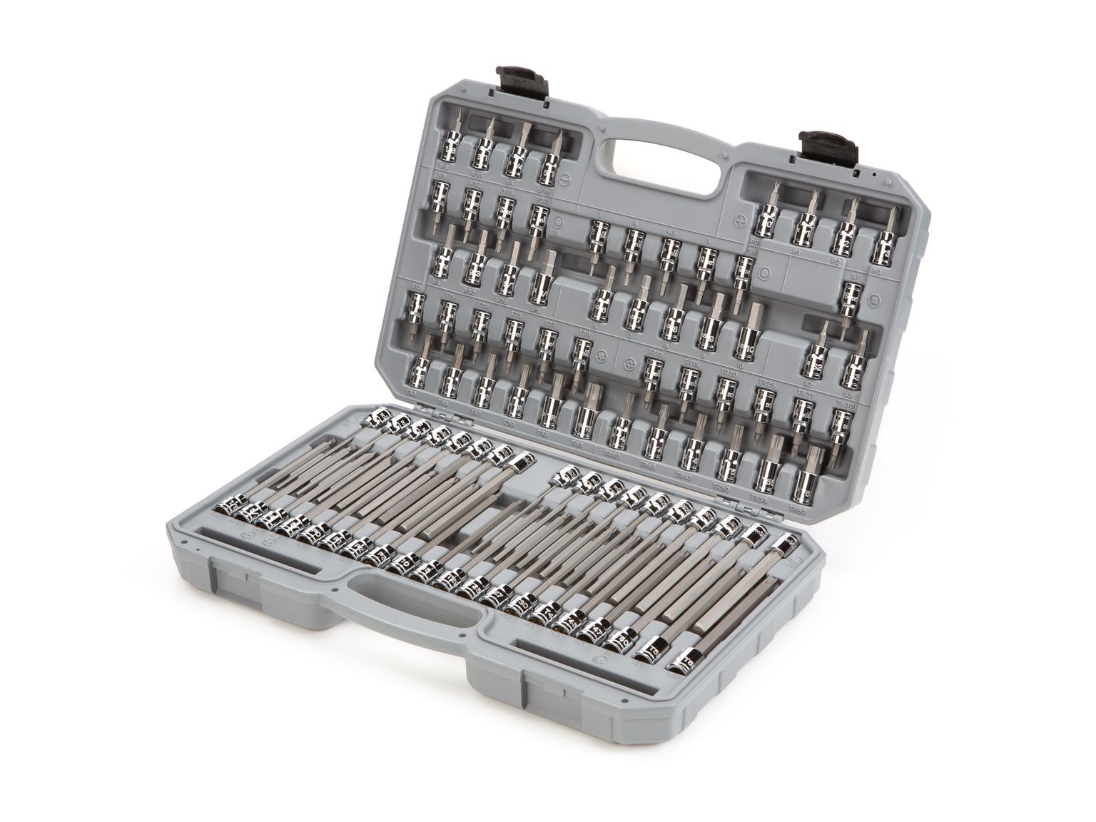 Front-right angle view of Tekton case hand drive bit socket set. Item #SHB91312