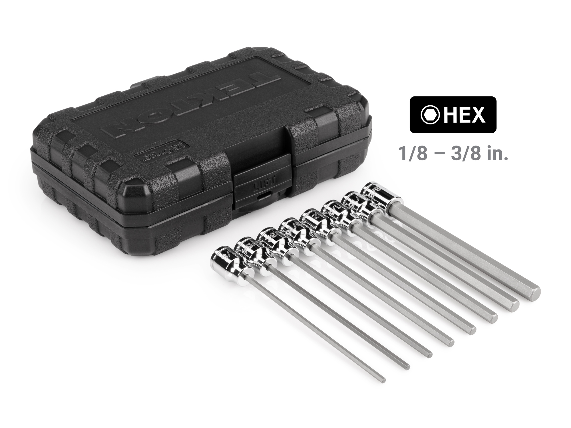 Includes: Long Hex 1/8-3/8 inch (SAE) chrome bit sockets with case. The S2 heat-treated steel bit is press fitted into the socket. SHB91313.