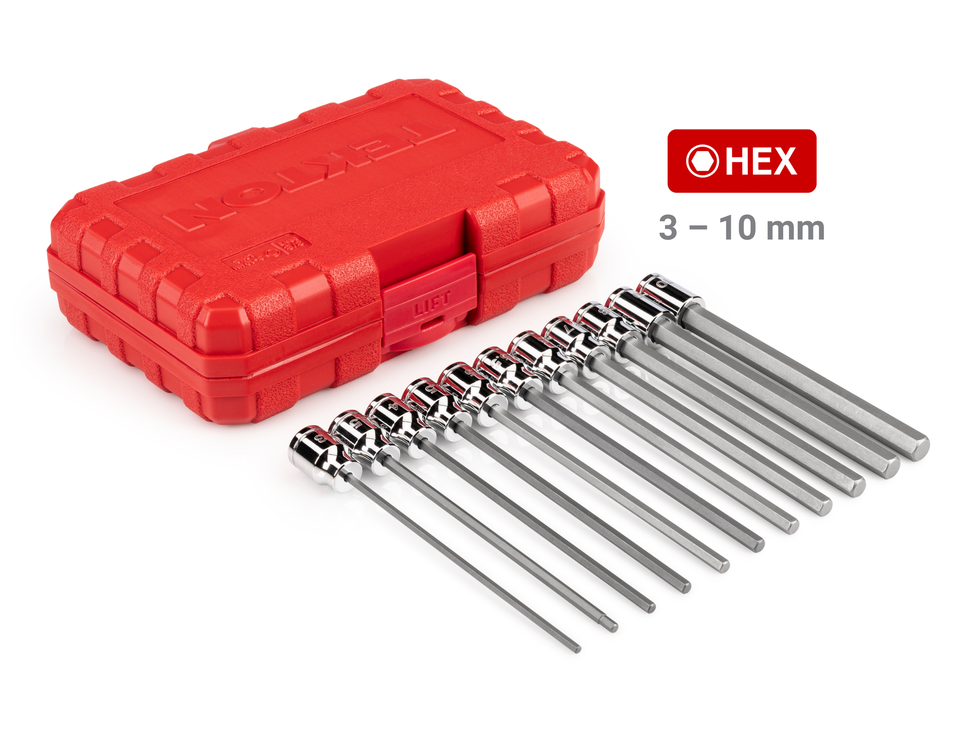 Includes: Long Hex 3-10 mm (Metric) chrome bit sockets with case. The S2 heat-treated steel bit is press fitted into the socket. No skipped sizes. SHB91314.