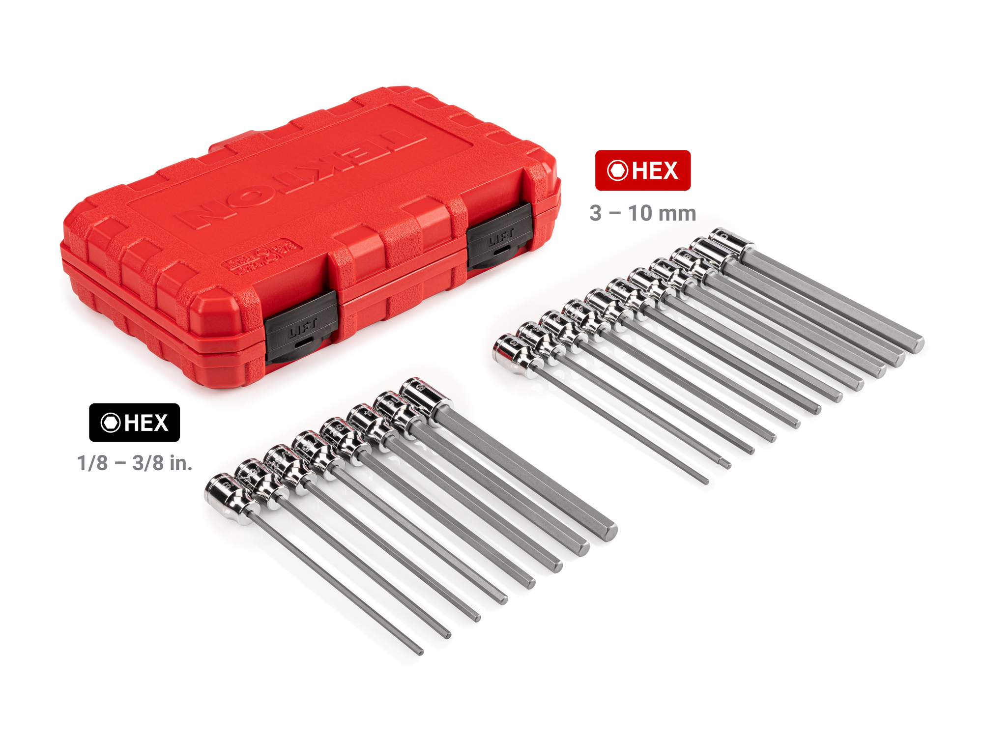 Includes: Long Hex 1/8-3/8 inch (SAE), 3-10 mm (Metric) chrome bit sockets with case. The S2 heat-treated steel bit is press fitted into the socket. SHB91315.