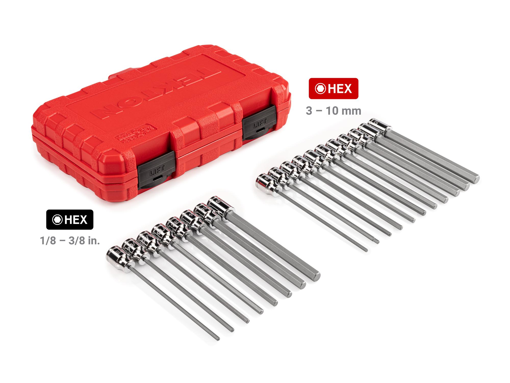 Laid out contents of Tekton case hand drive bit socket set. Item #SHB91315