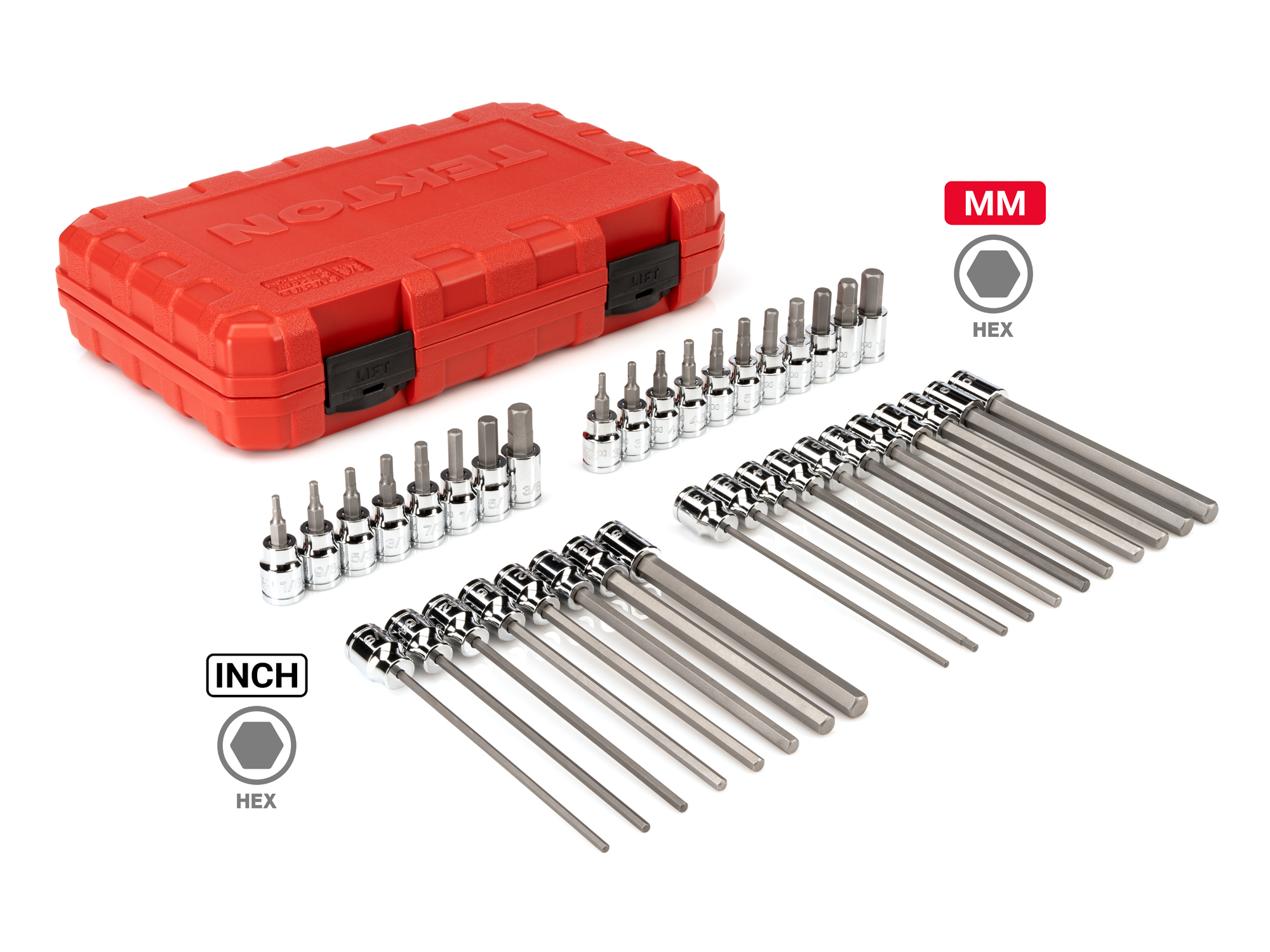 Includes: Hex 1/8-3/8 inch (SAE), 3-10 mm (Metric) chrome bit sockets with case. The S2 heat-treated steel bit is press fitted into the socket. SHB91316.