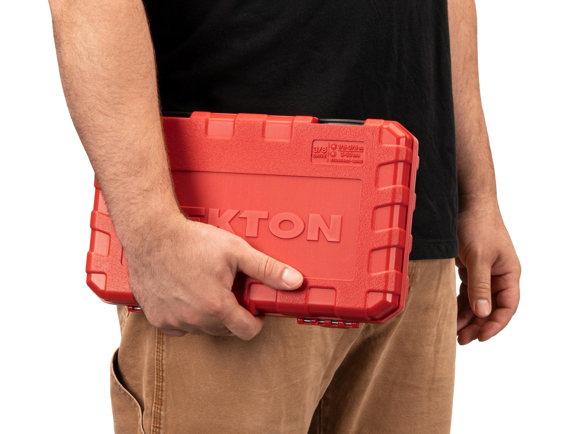 Person holding Tekton case hand drive bit socket set. Item #SHB91316