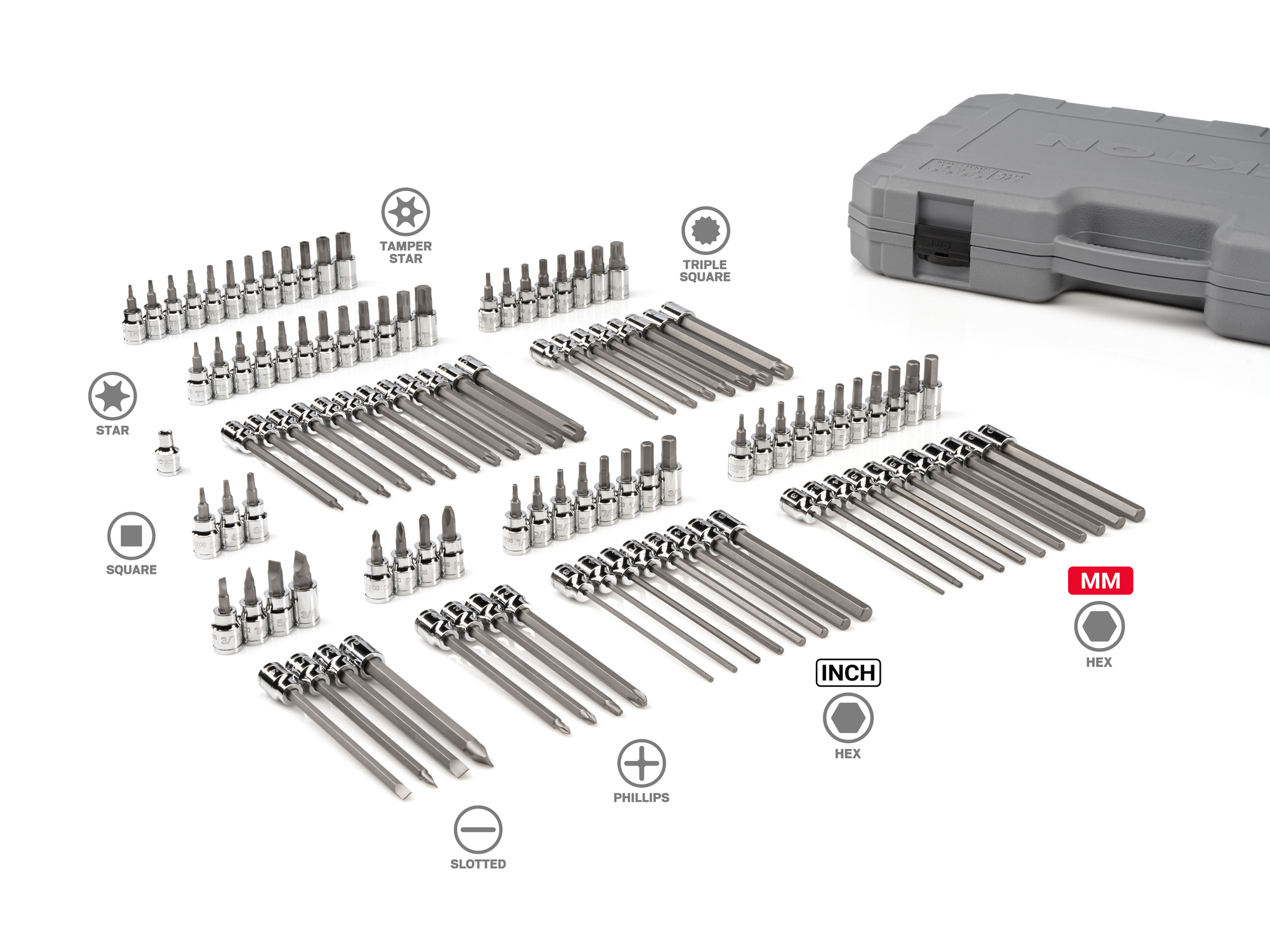 Includes: Hex 1/8-3/8 inch (SAE), 3-10 mm (Metric), Torx (T10-T60, TR10-TR60), Phillips (#0-#3), Slotted (1/8-5/16 in.), Square (S1-S3), and Triple Square (M4-M12) short/long bits. SHB91317.