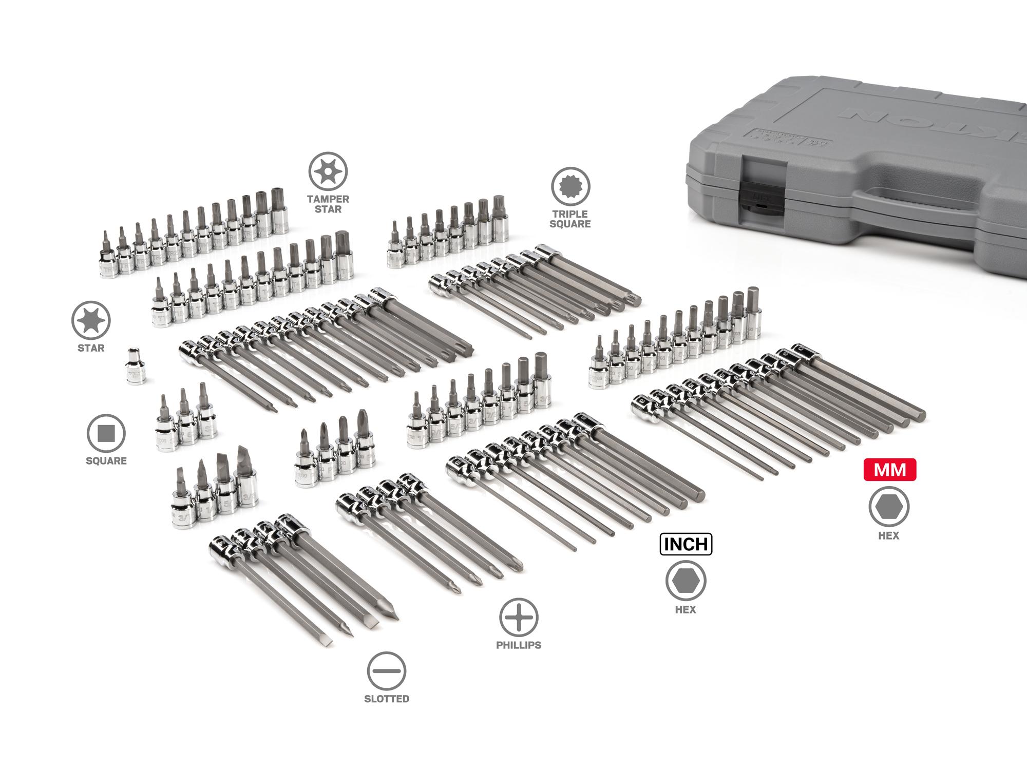 Laid out contents of Tekton case hand drive bit socket set. Item #SHB91317