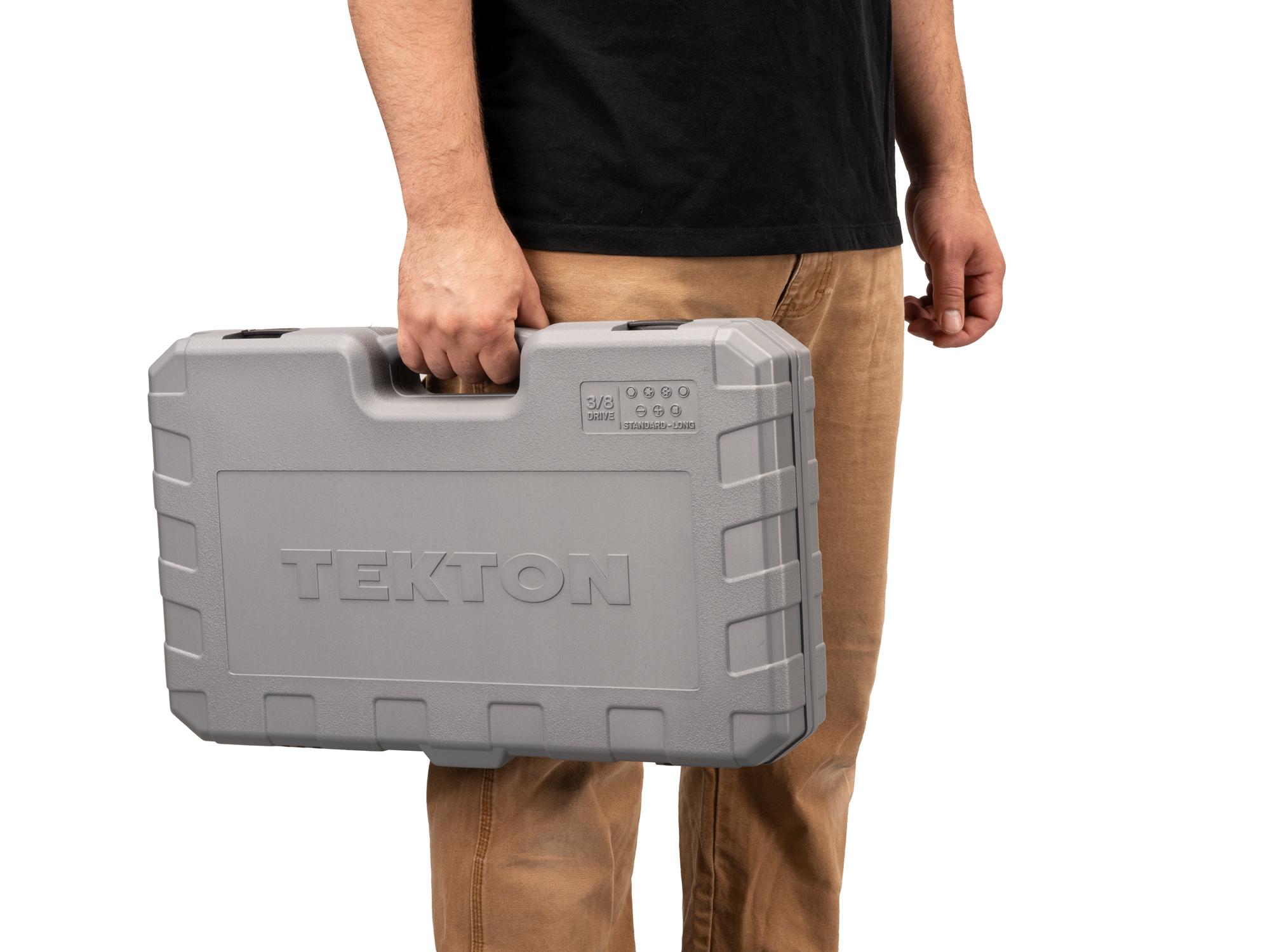 Person holding Tekton case hand drive bit socket set. Item #SHB91317