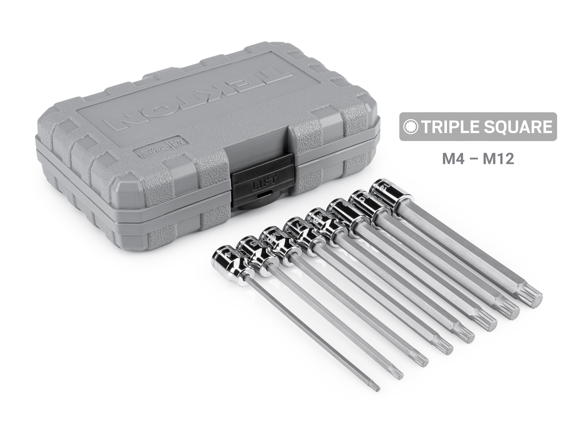 Includes: long triple square M4-M12 hand drive bit sockets. The S2 steel bit is press fitted into the socket. Comes with case storage. SHB91318.