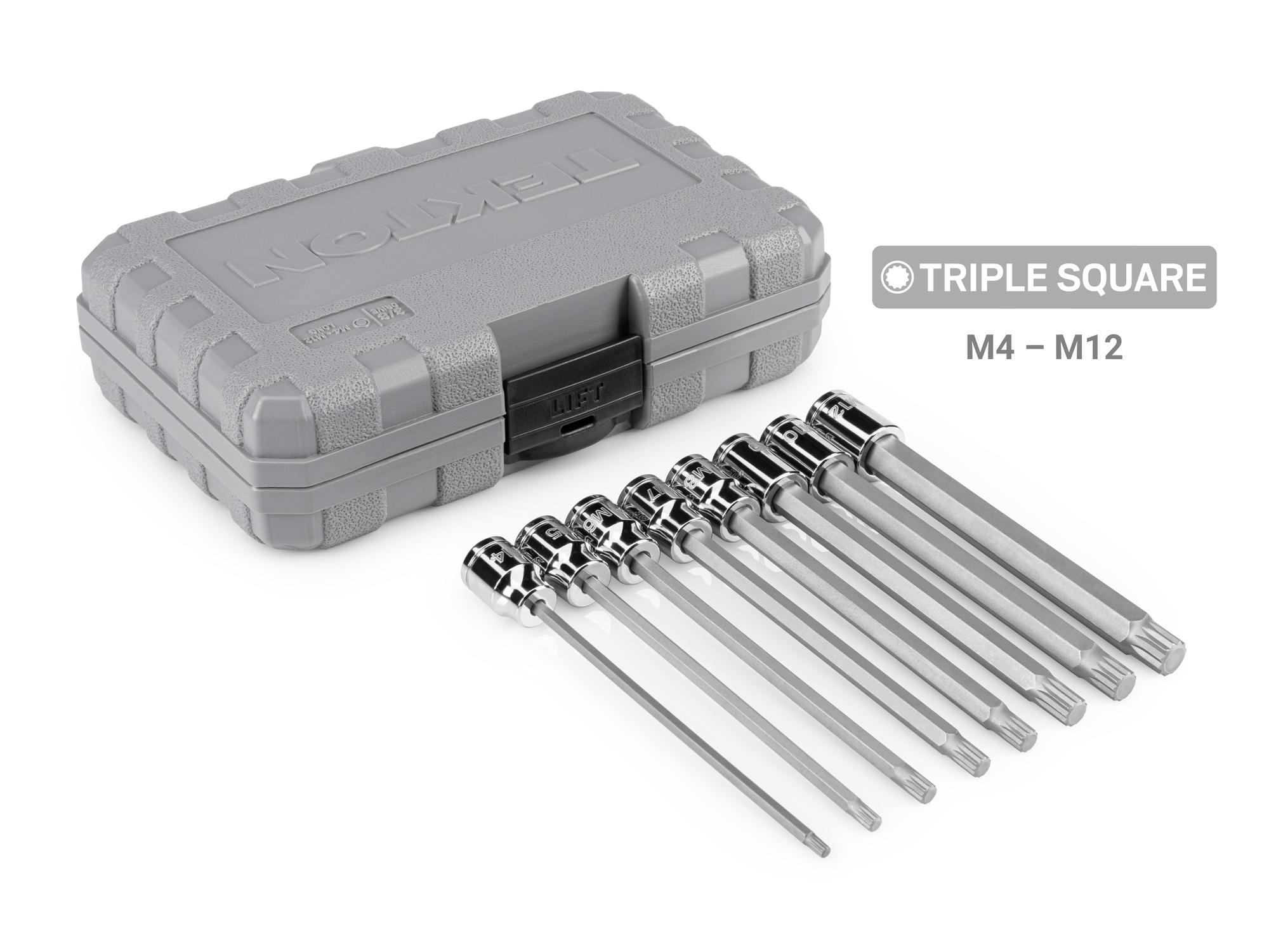 Laid out contents of Tekton case hand drive bit socket set. Item #SHB91318