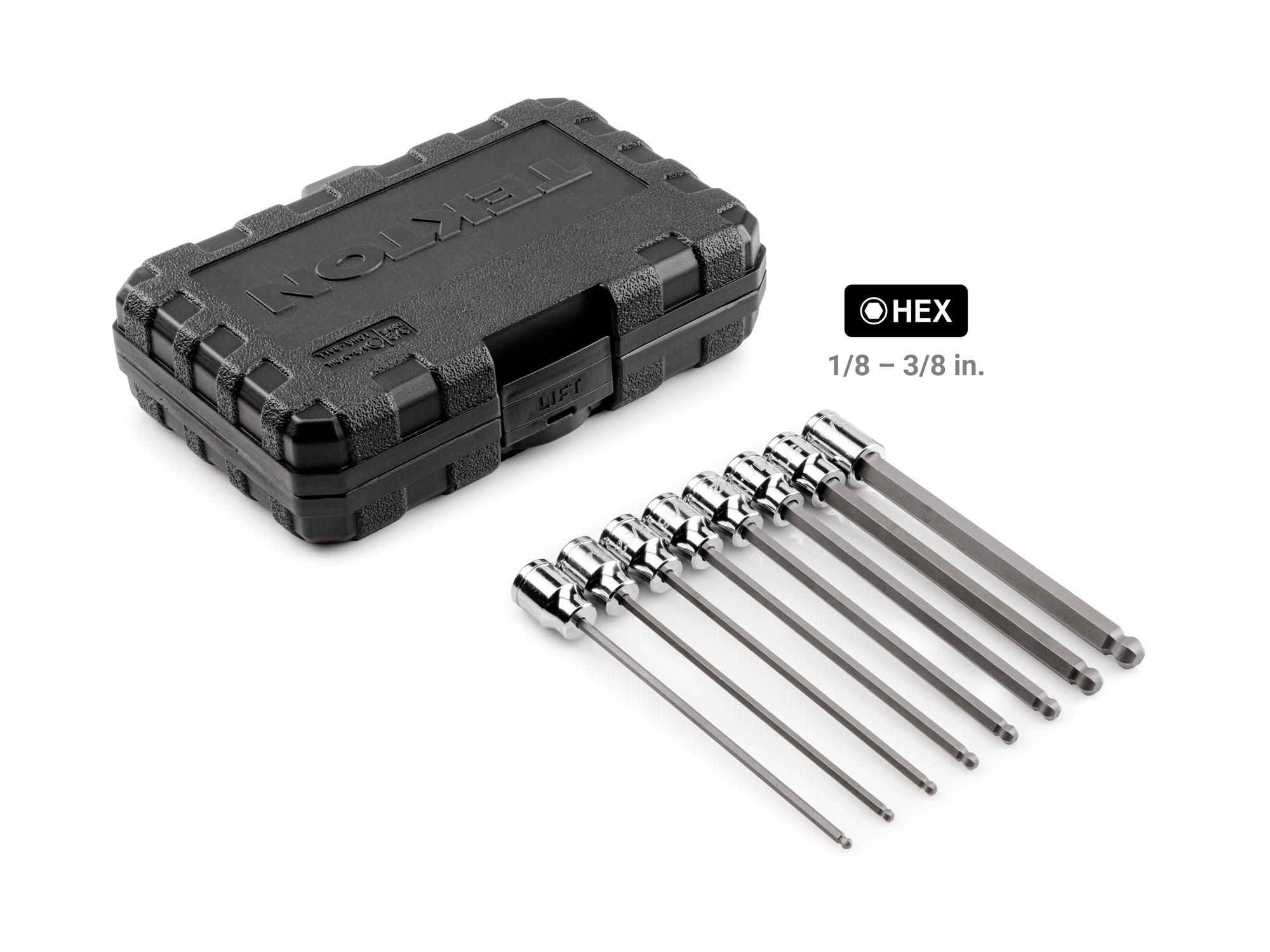 Laid out contents of Tekton case hand drive bit socket set. Item #SHB91319