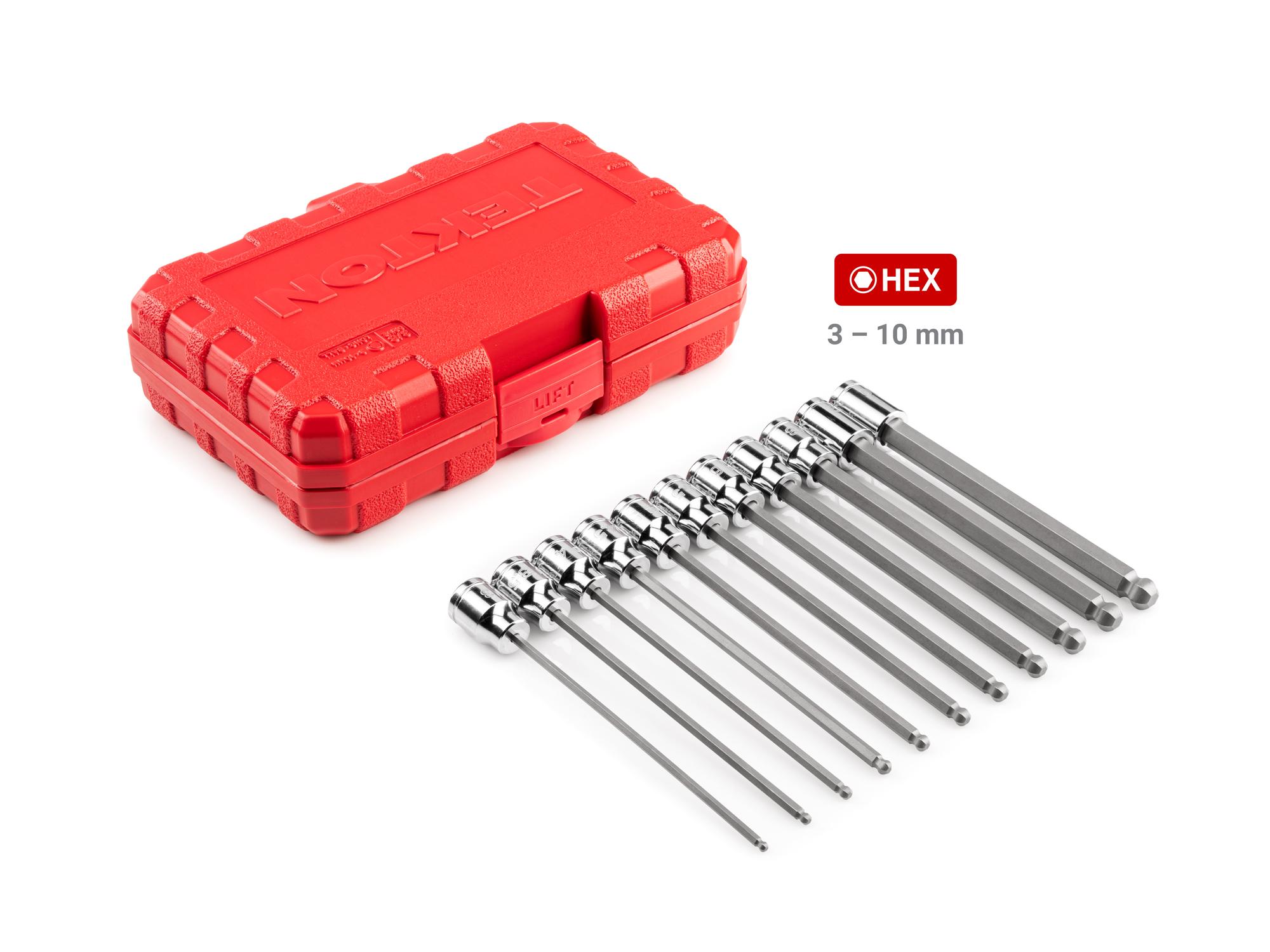 Laid out contents of Tekton case hand drive bit socket set. Item #SHB91320