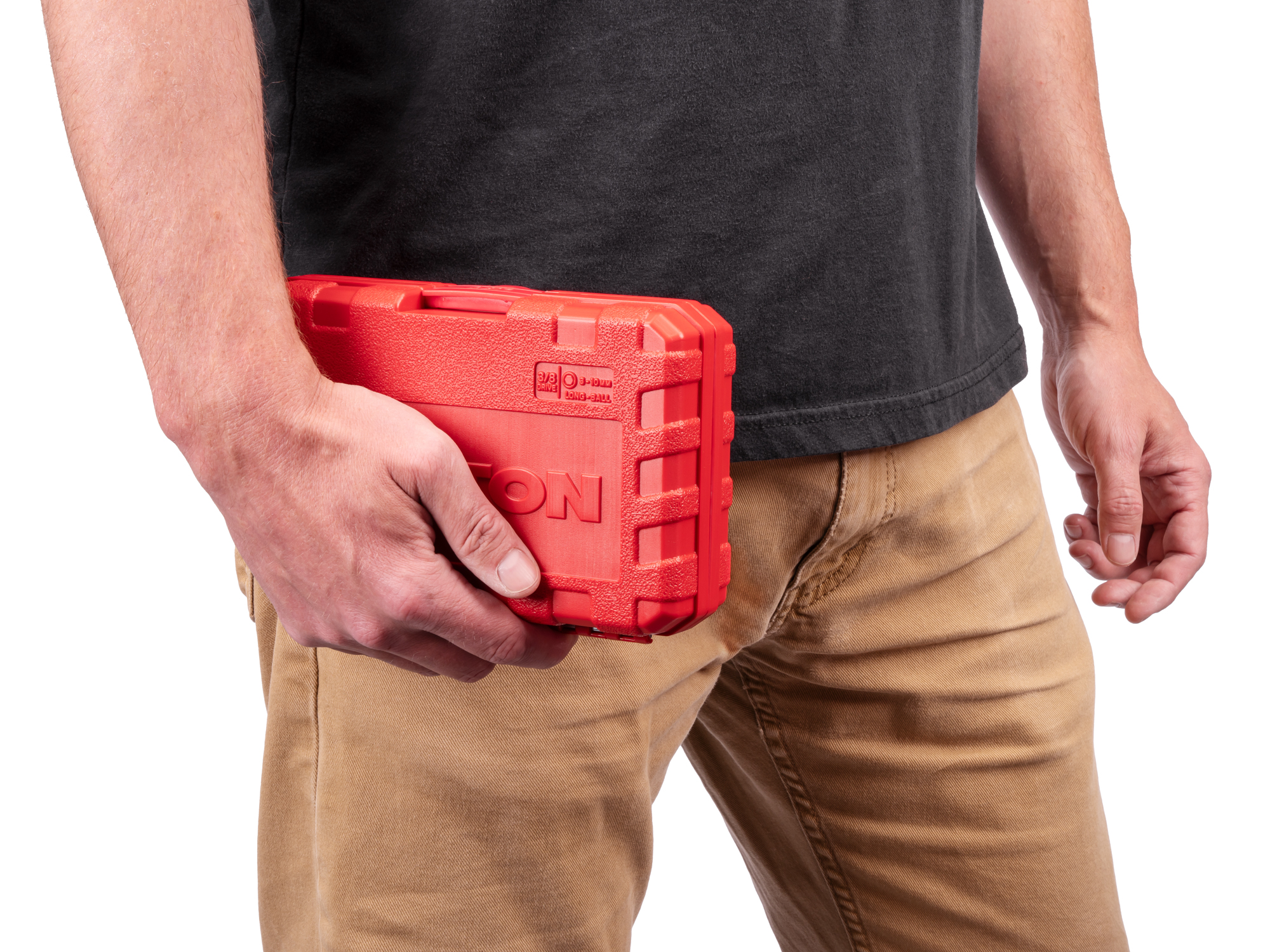 Person holding  Tekton case hand drive bit socket set. Item #SHB91320