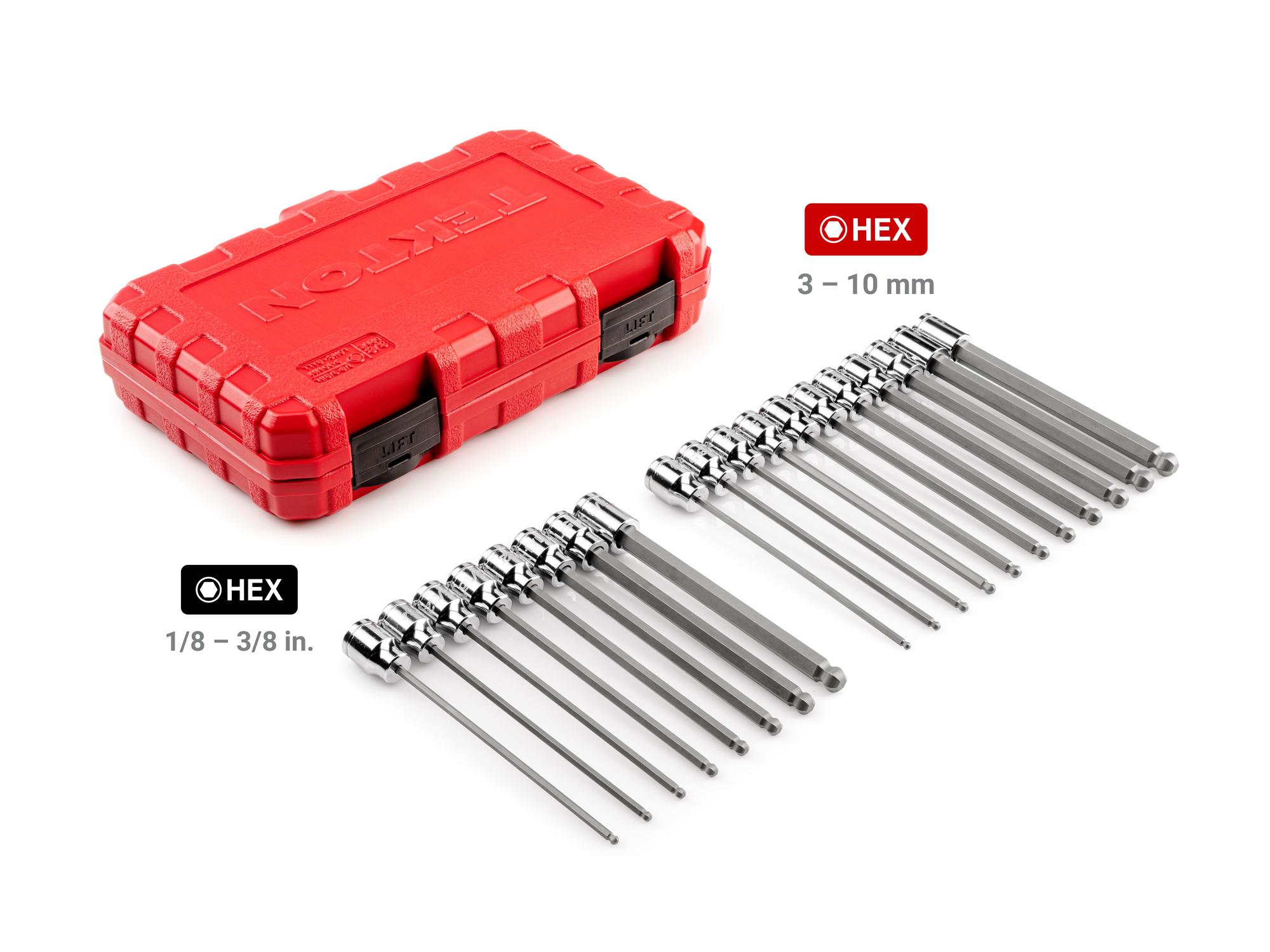 Laid out contents of Tekton case hand drive bit socket set. Item #SHB91321