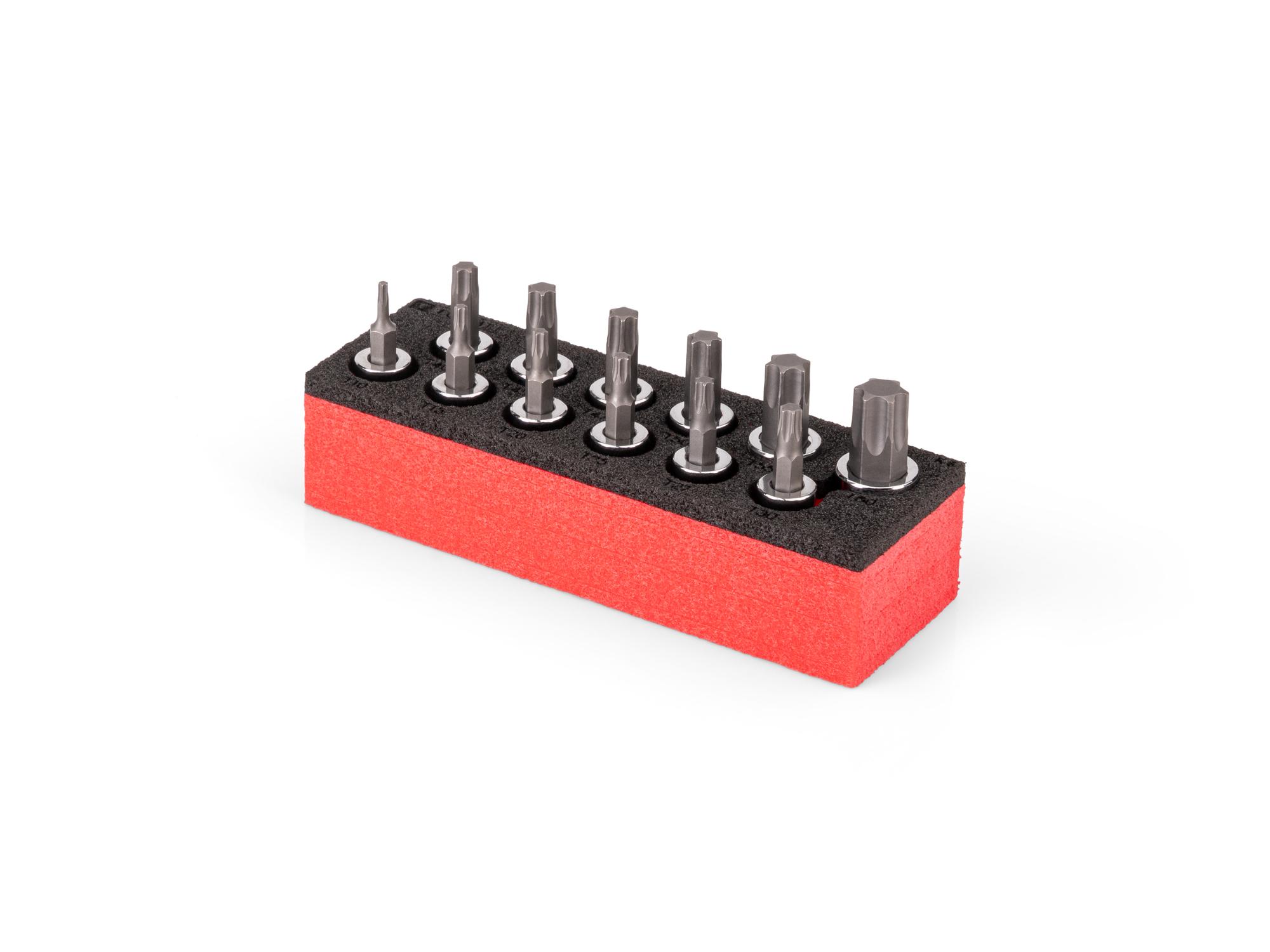 Angled view of red Tekton 3/8 inch drive Torx bit socket set with 6 x 2 inch foam organizer. SHB91800