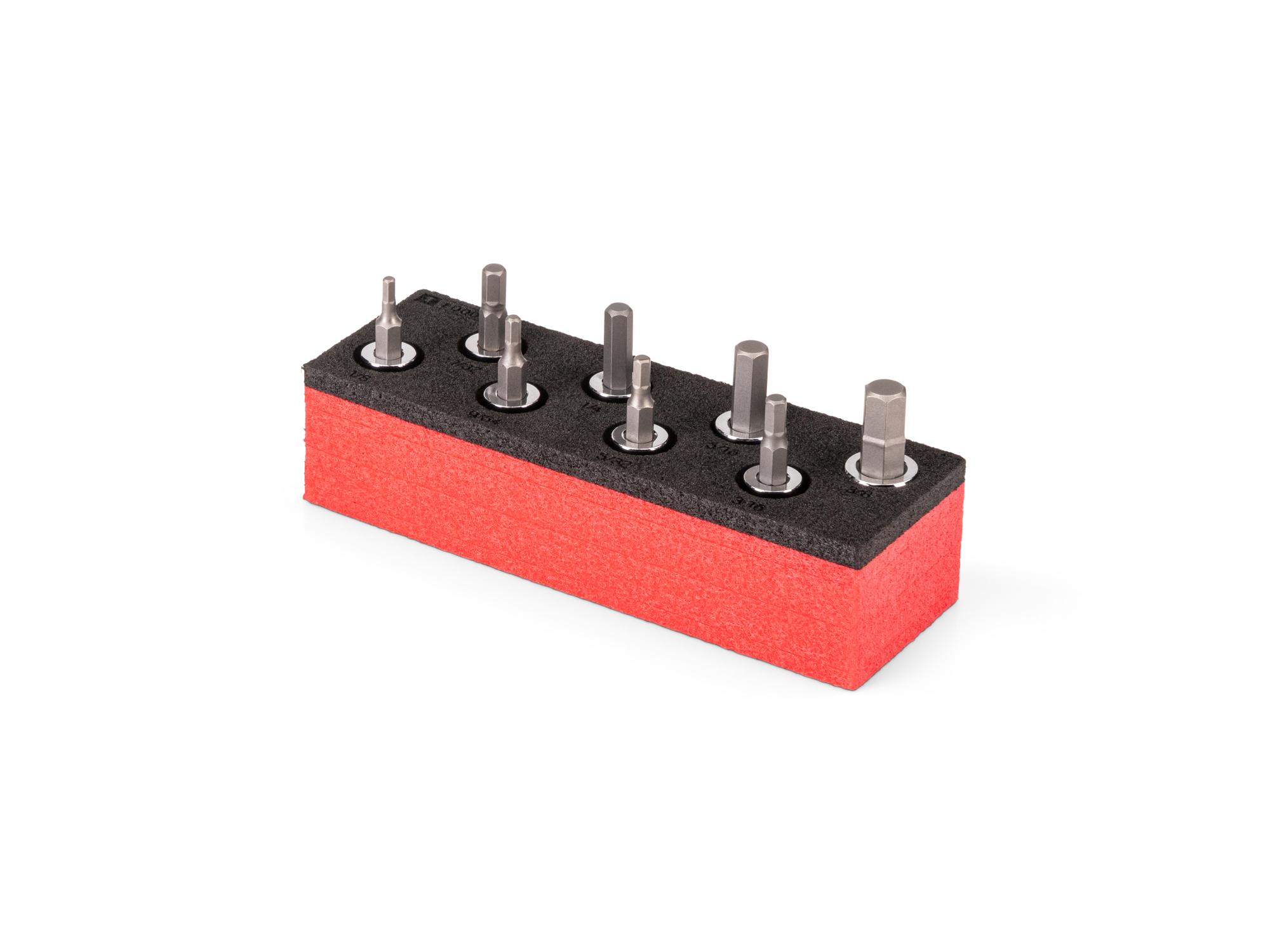 Angled view of red Tekton 3/8 inch drive hex bit socket set with 6 x 2 inch foam organizer. SHB91801