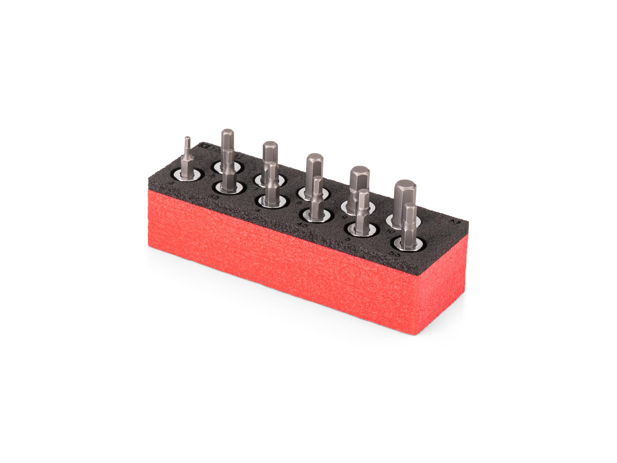 Angled view of red Tekton 3/8 inch drive hex bit socket set with 6 x 2 inch foam organizer. SHB91802