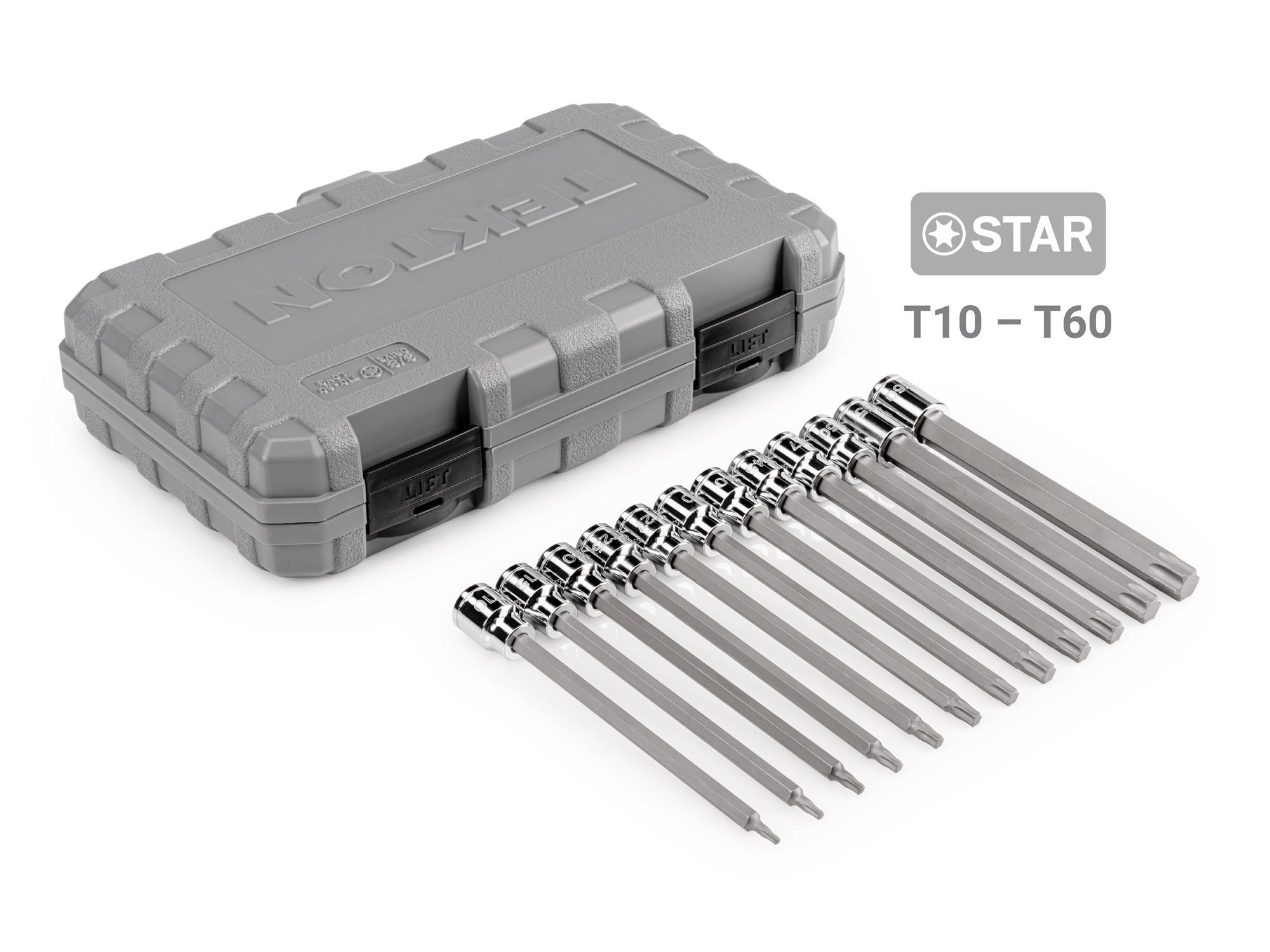 Includes: Long Hex 1/8-3/8 inch (SAE), 3-10 mm (Metric) and T10-T60 (Torx) chrome bit sockets with case. The S2 heat-treated steel bit is press fitted into the socket. SHB91900.