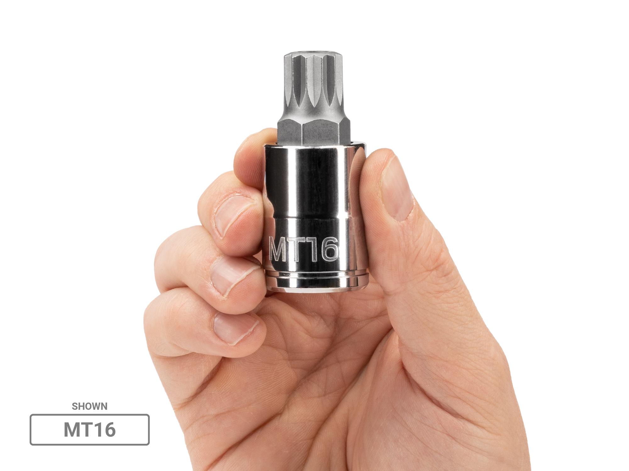 Person holding Tekton hand drive bit socket set. Item #SHB92000