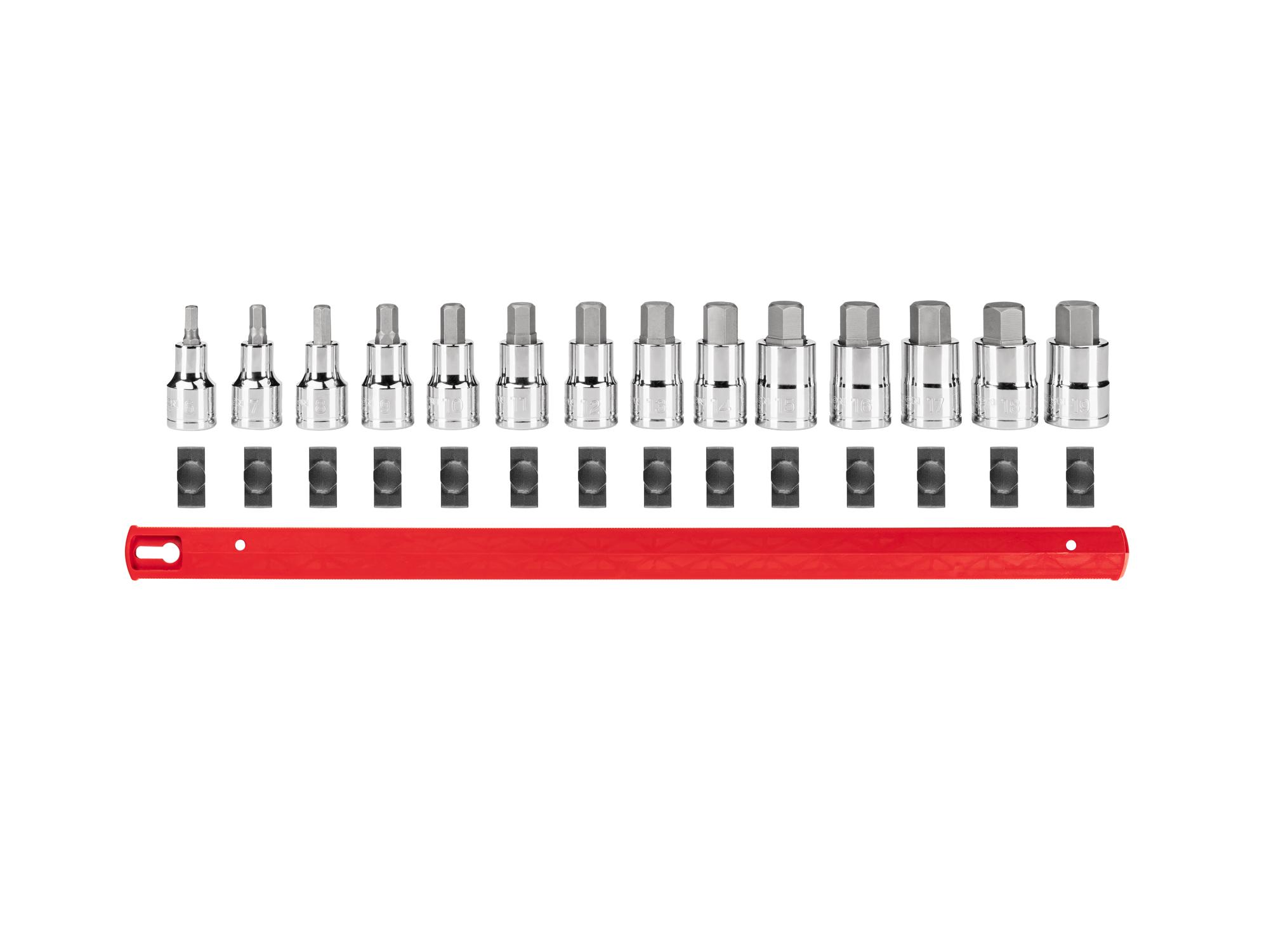 Laid out contents of Tekton rail hand drive bit socket set. Item #SHB92102
