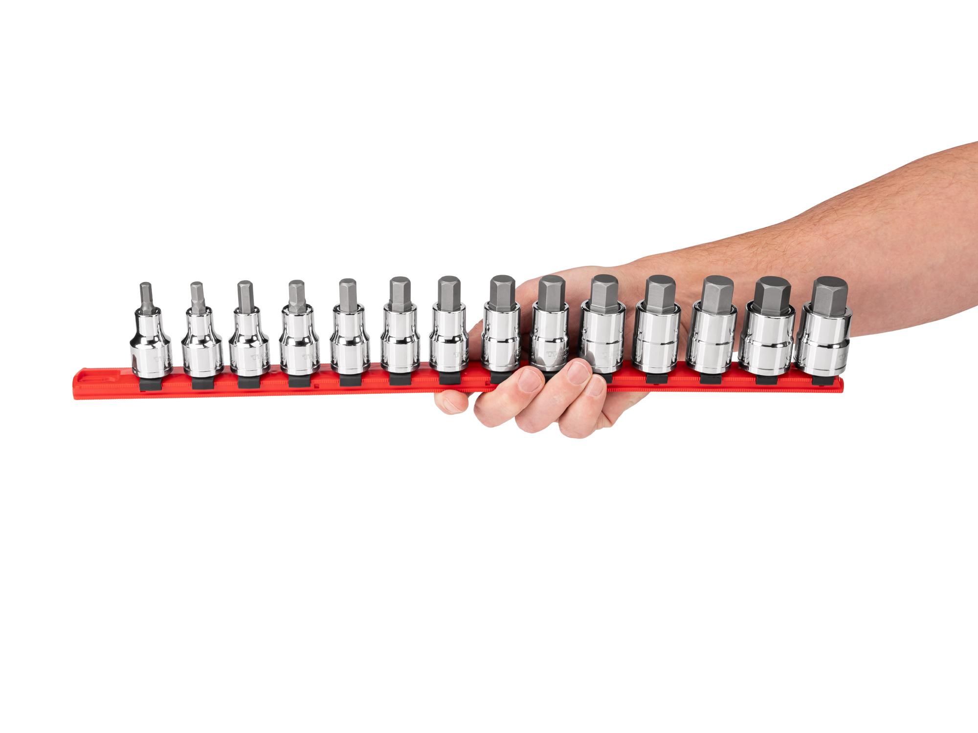 Person holding Tekton rail hand drive bit socket set. Item #SHB92102