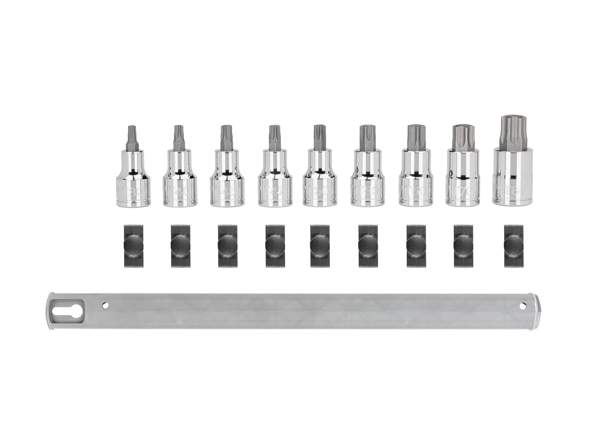 Set includes T30-T80 Torx bit sockets in 1/2 inch drive on rail. SHB92107.